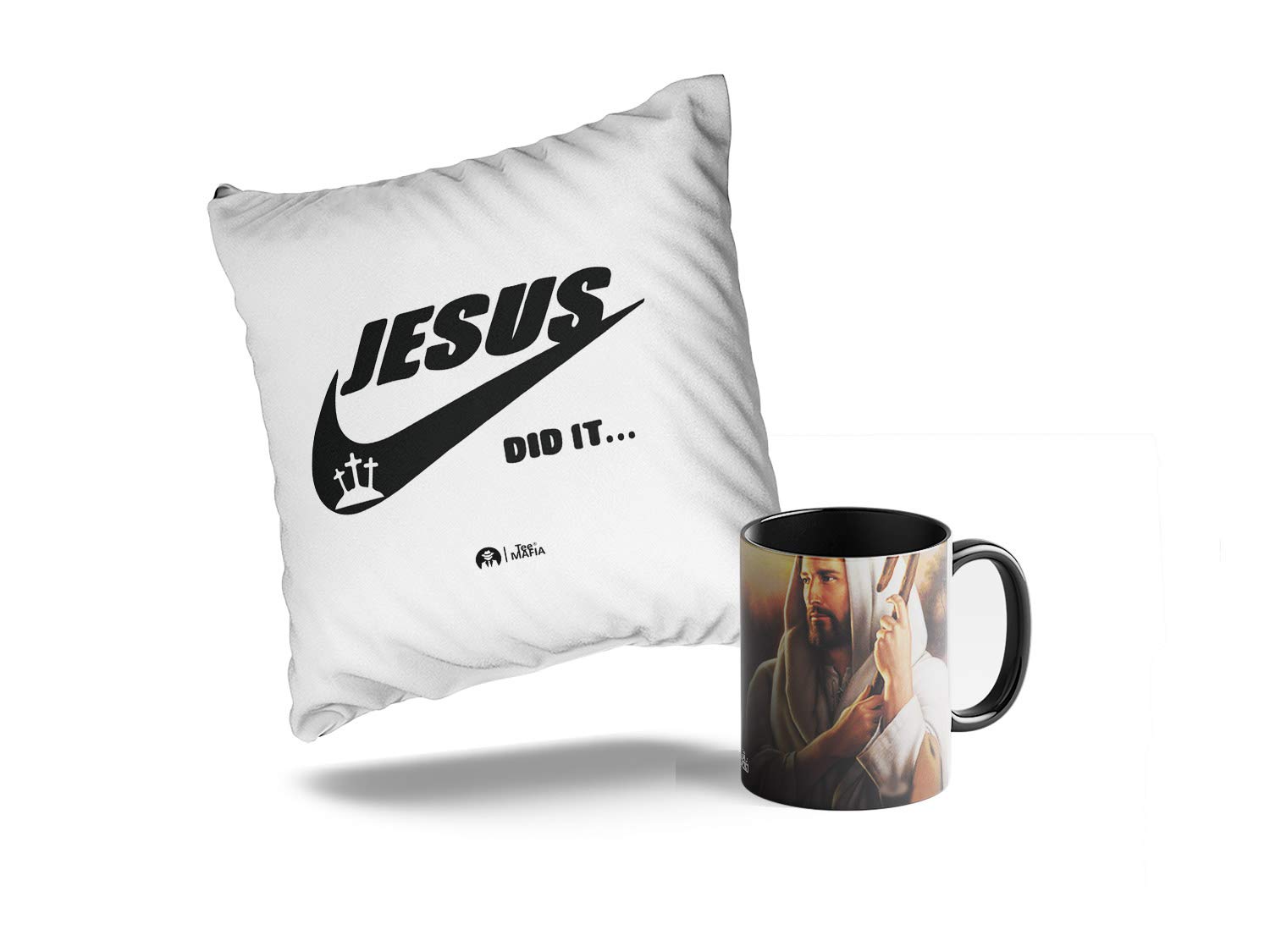 Tee Mafia Jesus Gift Combo of Mug and Pillow |Gospel 12" X 12" Cushion Cover with Filler,Printed Coffee Mug (Pack of 2)