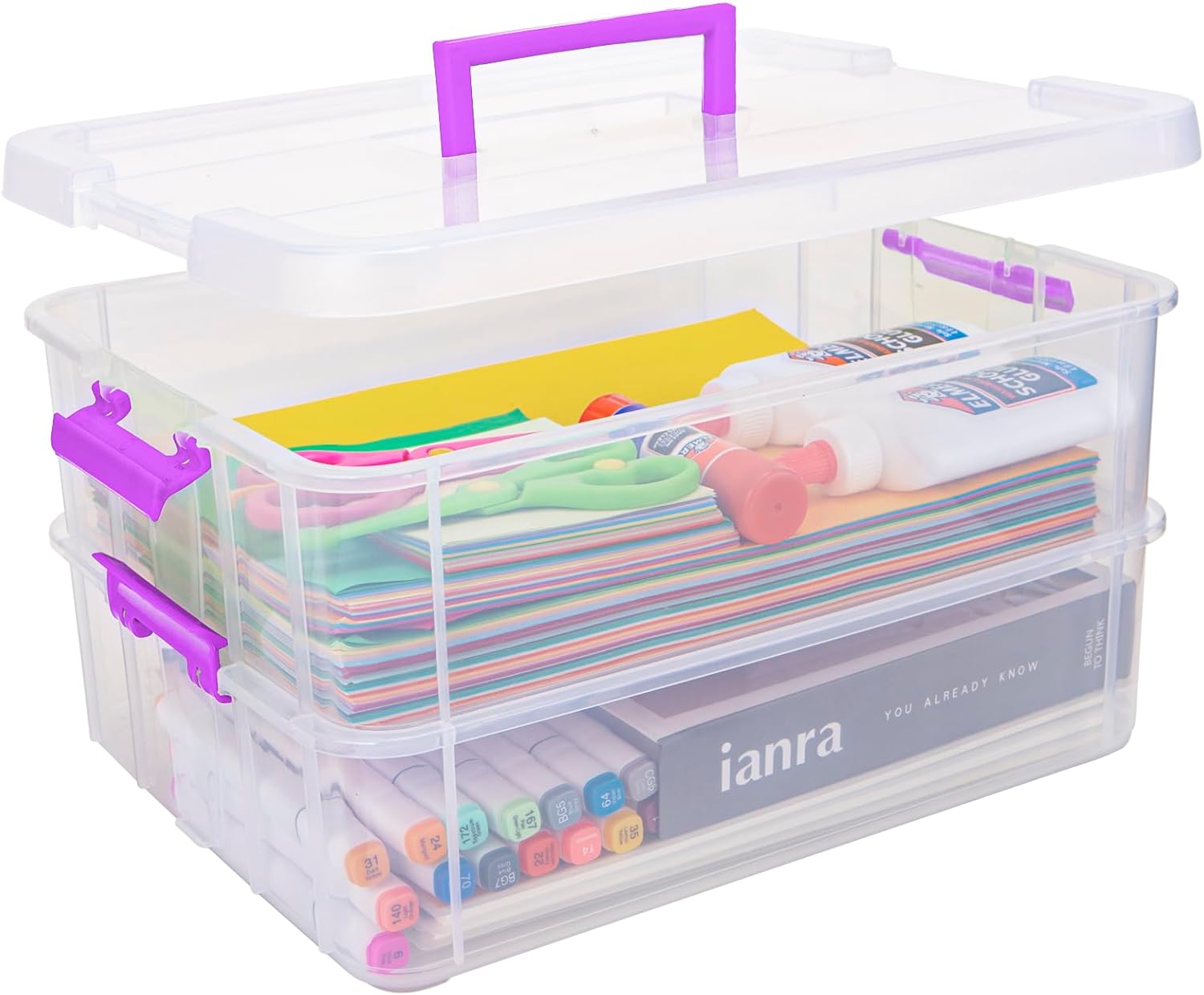 2 layer plastic storage containers with lids, multipurpose clear stack & carry box, portable craft organizers and storage bin for organizing art & craft, sewing, makeup, nail supplies (purple)