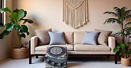 Miniatura 3 de CRAFT KALA Funda de cojín cuadrada con mandala, funda de cojín para asiento, hippie, decorativa, bohemia, otomana, pufs, pompones, de algodón, para