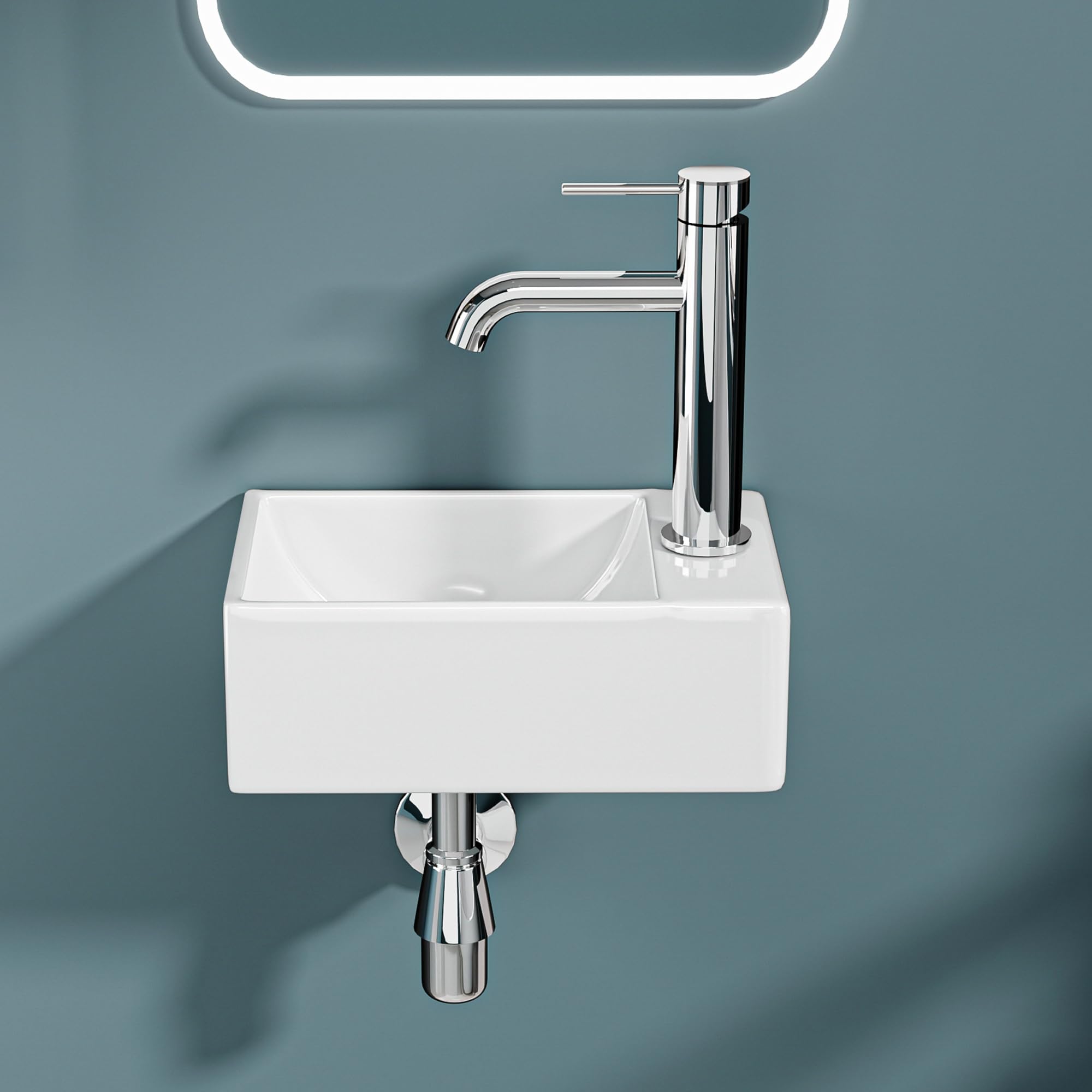 Mini Lave-Mains Ultra Compact Sortie Droite 30x19x11 cm – Vasque en Céramique Blanche Brillante – Idéal pour Toilettes, WC et Très Petits Espaces – Design Épuré et Moderne