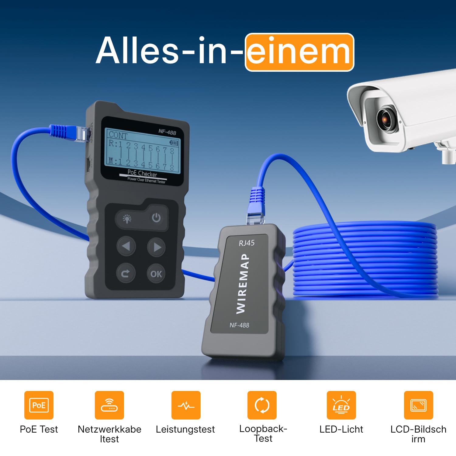 Mcbazel Netzwerk RJ45 Tester mit LCD Display, Netzwerk Kabeltester mit POE-Funktion