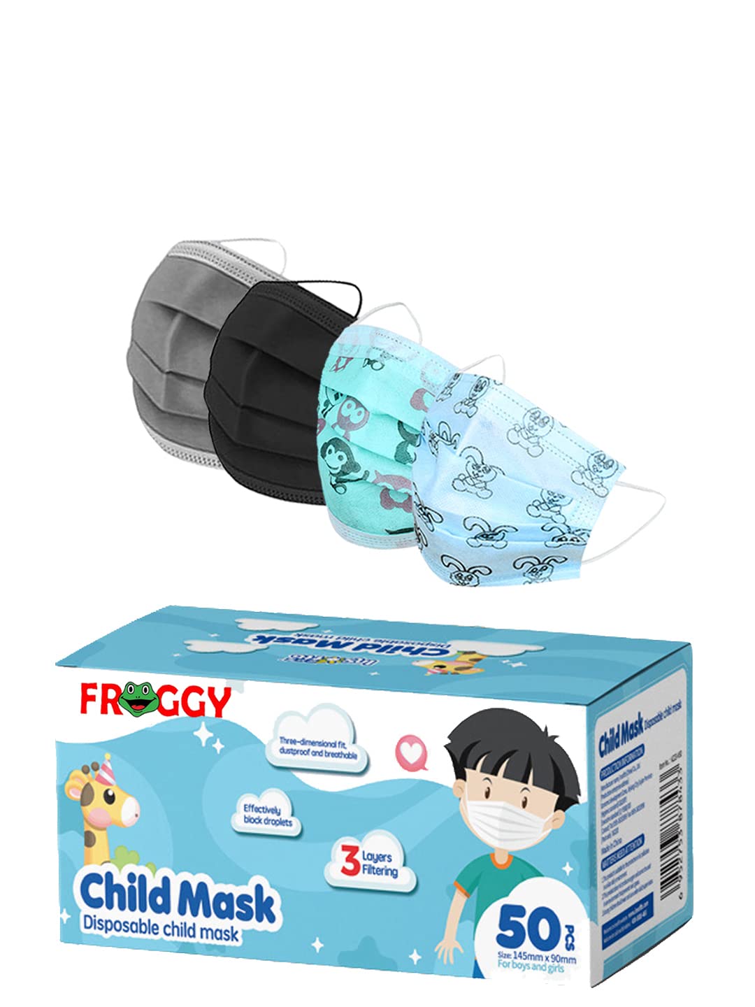 Mango People Kids 3-Ply Disposable Surgical Face Mask,Adjustable Nose Pin, Multi Colors (Pack of 100 Pcs Kids Face Mask) MPK100-3PLY-GRY,BK,Pr.BL,Pr.GR