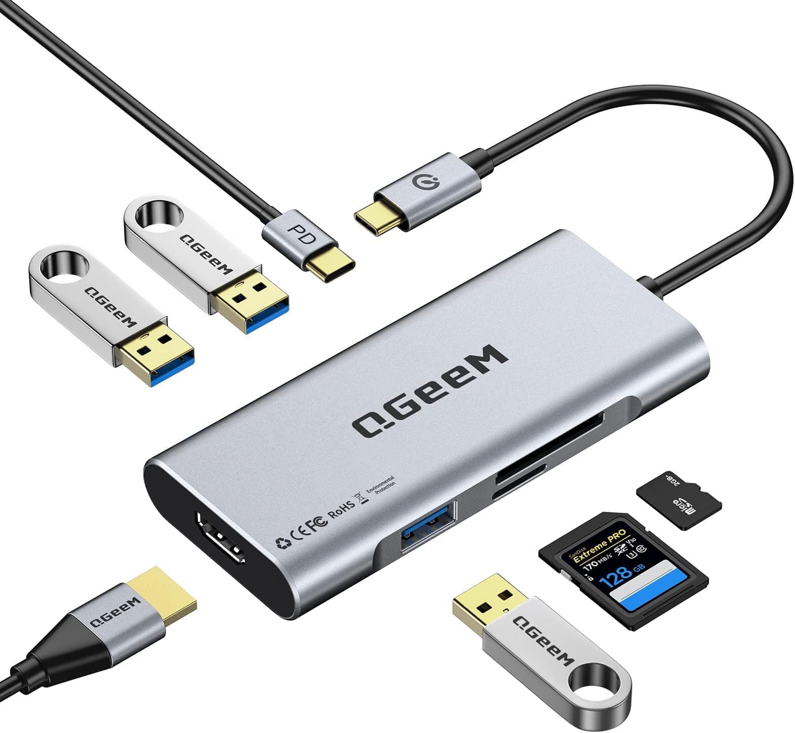 Sponsored Ad – QGeeM USB C Hub, USB 4k to HDMI Adapter, 7 in 1 USB-C Dongle with 100W PD, USB 3.0, Card Reader, Compatible for MacBook iPhone 15/16 Ipad Pro max, Chromebook Laptop USB Type C Dock-Classic Grey