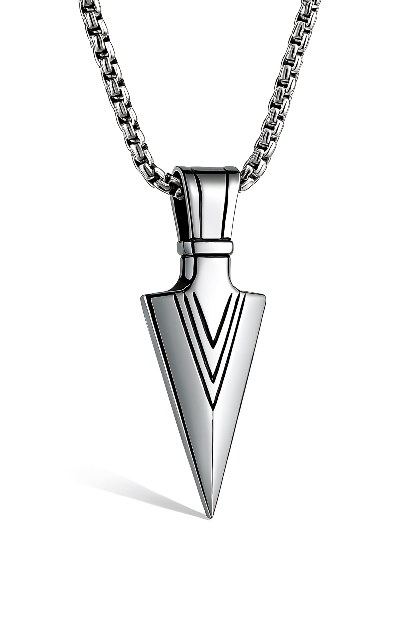 Men's Stainless Steel Arrowhead Pendant Necklace, Tribal Design, Polished Finish, Box Chain Included – Viking Warrior Inspired Jewelry-image-4