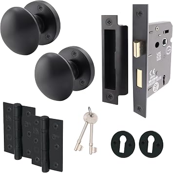 EAI Matt Black Door Knobs with Sash Lock 80mm and Hinges - Victorian