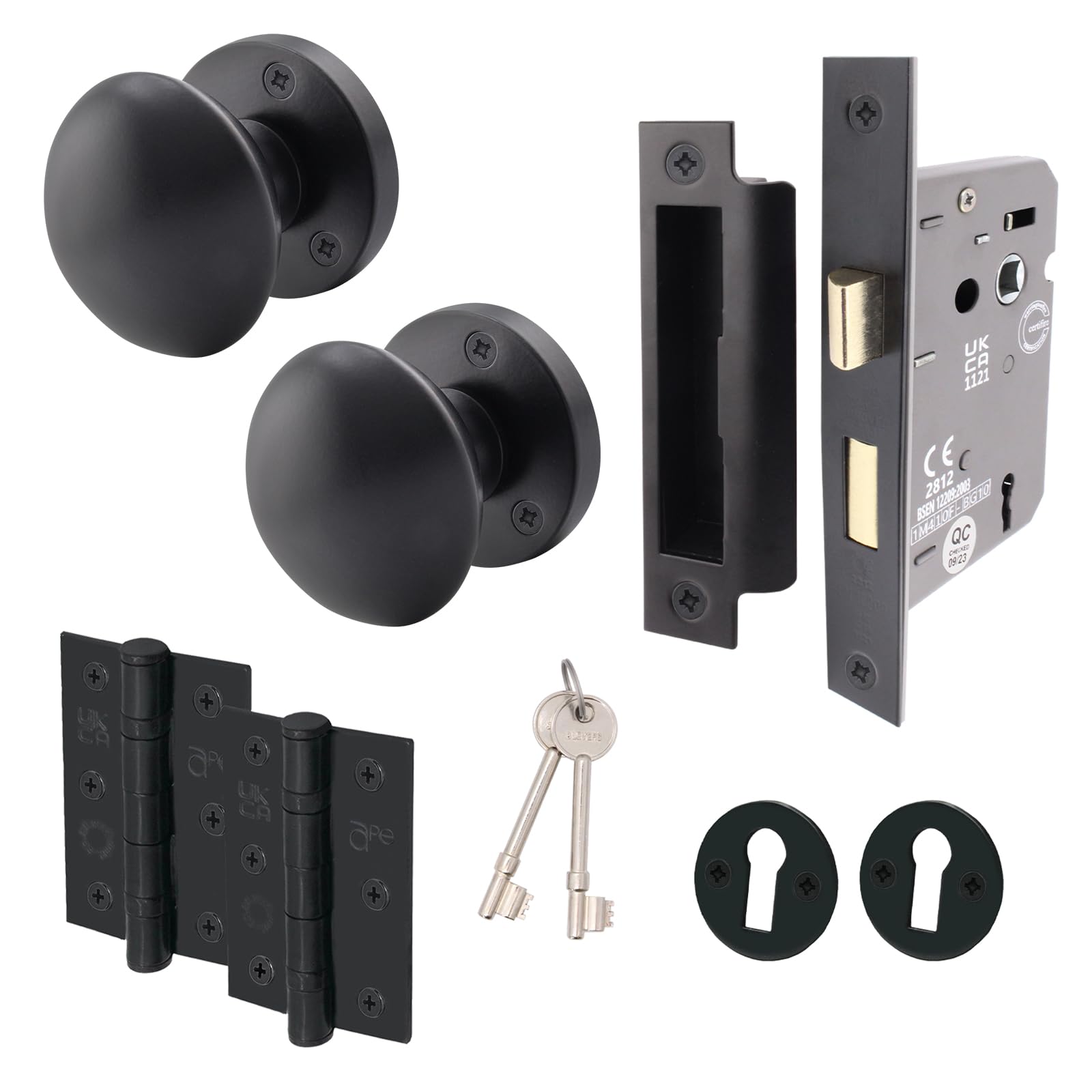 Eai Matt Black Black Key Lock Door Knob Set - 1 Pair Of Victorian Mortice Knobs (55Mm), Sash Lock (80Mm) & Hinges (76Mm)