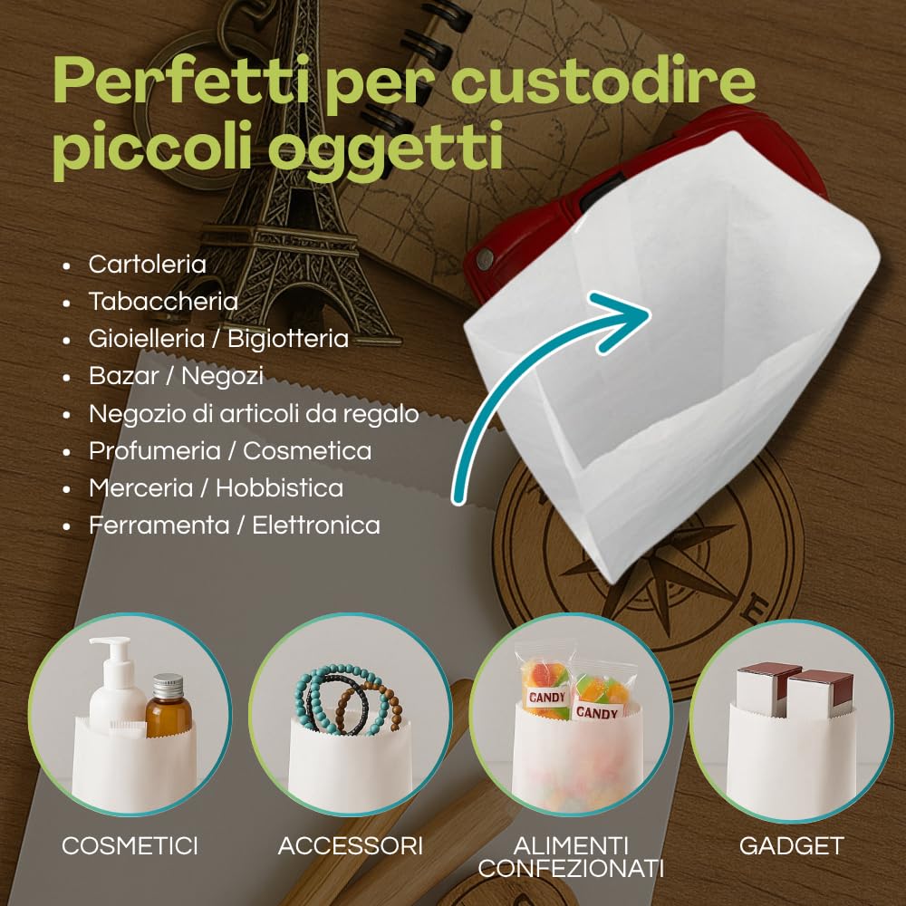 Virsus 10 kg Sacchetti di Carta Bianca Satinata, con misura 12x24 cm, contenente 1600 sacchetti circa, per oggettistica, bomboniere, articoli da regalo, ideali per negozi e tabaccherie