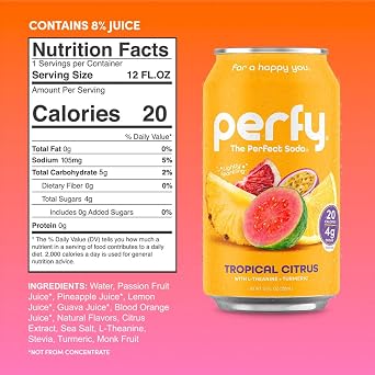PERFY Nootropic Calm Soft Soda Drink Variety Pack | 4 Flavors: Dr. Perfy, Blood Orange Yuzu, Tropical Citrus, Fruit Punch (12oz Cans) | L-Theanine + Turmeric | Low Sugar, Stevia & Monk Fruit | Keto Friendly | (12-Pack, 144 fl oz)