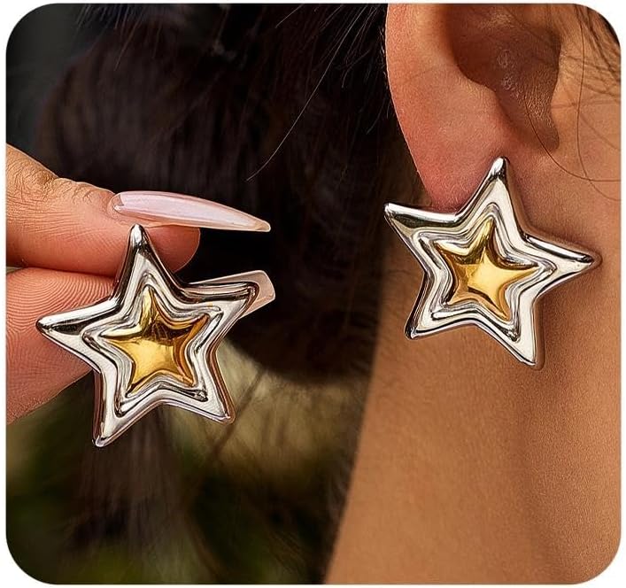Two Tone Mix Metal Earrings,Stainless Steel Gold Star Statement Earrings for Women,Twist Wave Square Dangle Earings Trendy Jewelry Accessories