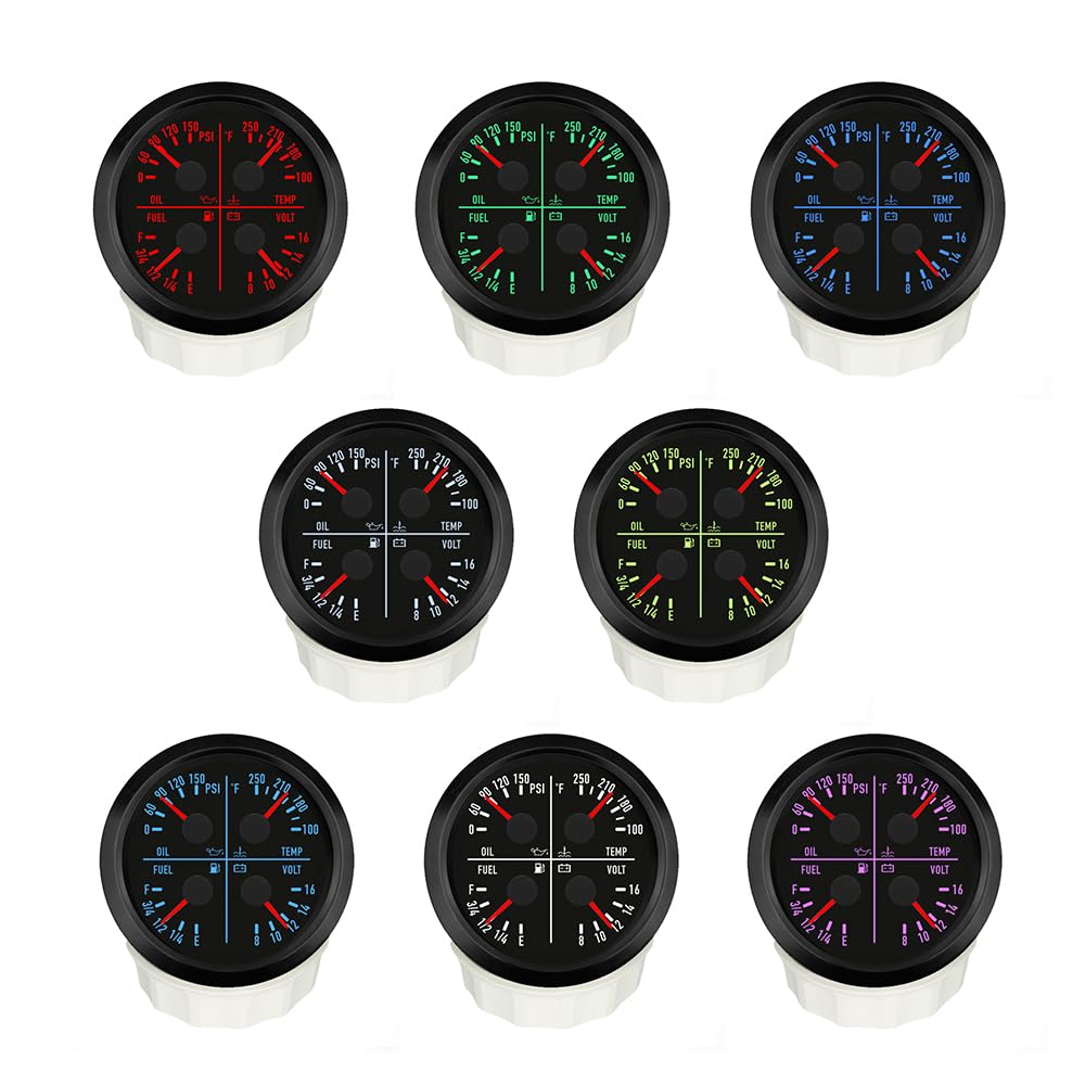 ELING 80mm 4in1 Multi-Function Gauge Fuel Level Oil Pressure 0-150PSI Water Temperature 100-250℉ Voltmeter 12V with 7 Colors Backlights for Car RV (Black+Black, 150PSI 12V)