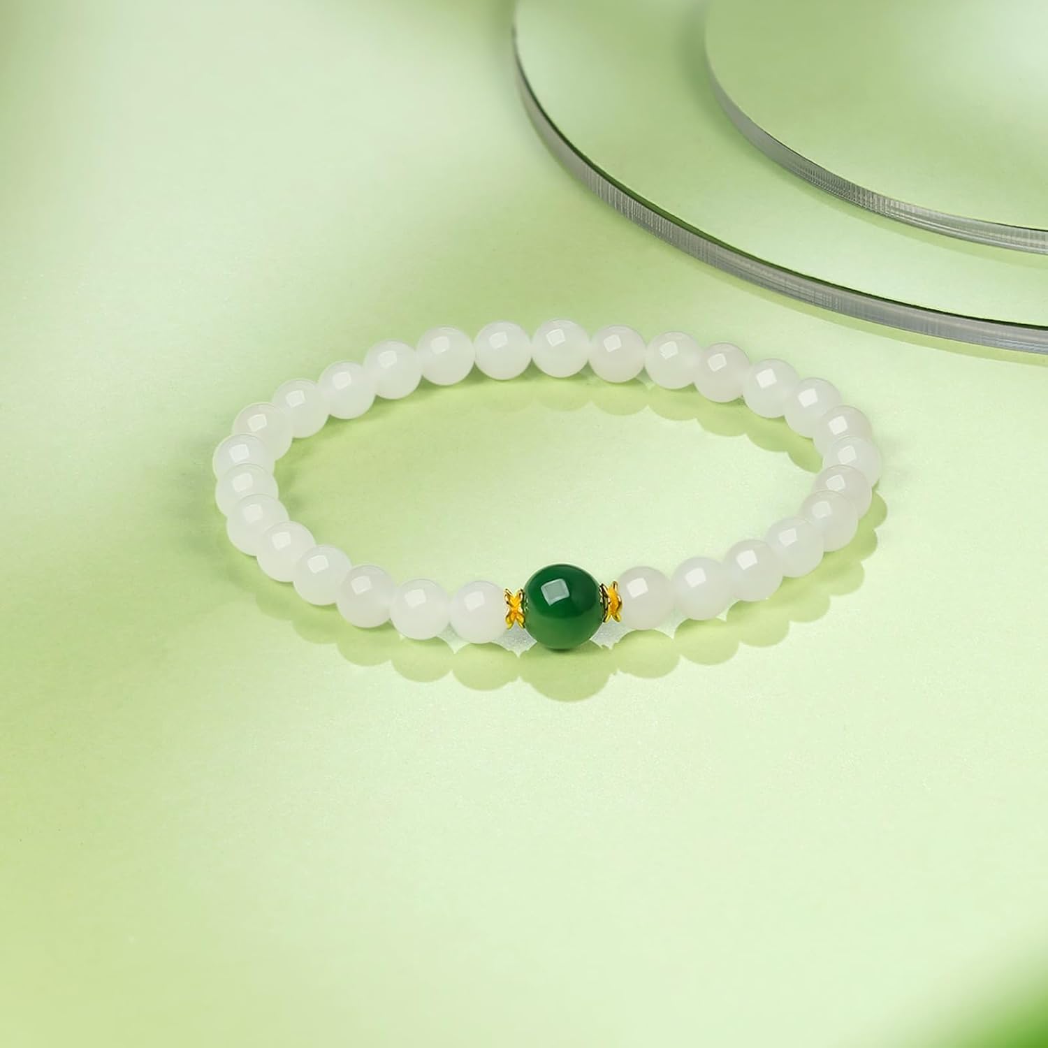 White Jade Bracelet for Women, Dainty Hetian White Jade Jewelry 24K Gold with Green Beaded Bracelet for Mom Girlfriend