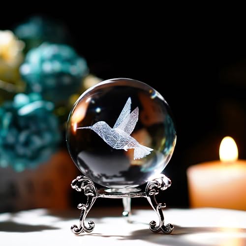 Figuras de colibrí láser de vidrio 3D, bola de cristal de colibrí de 2.362 in con soporte, regalos de colibrí para mujeres, bola de vidrio,