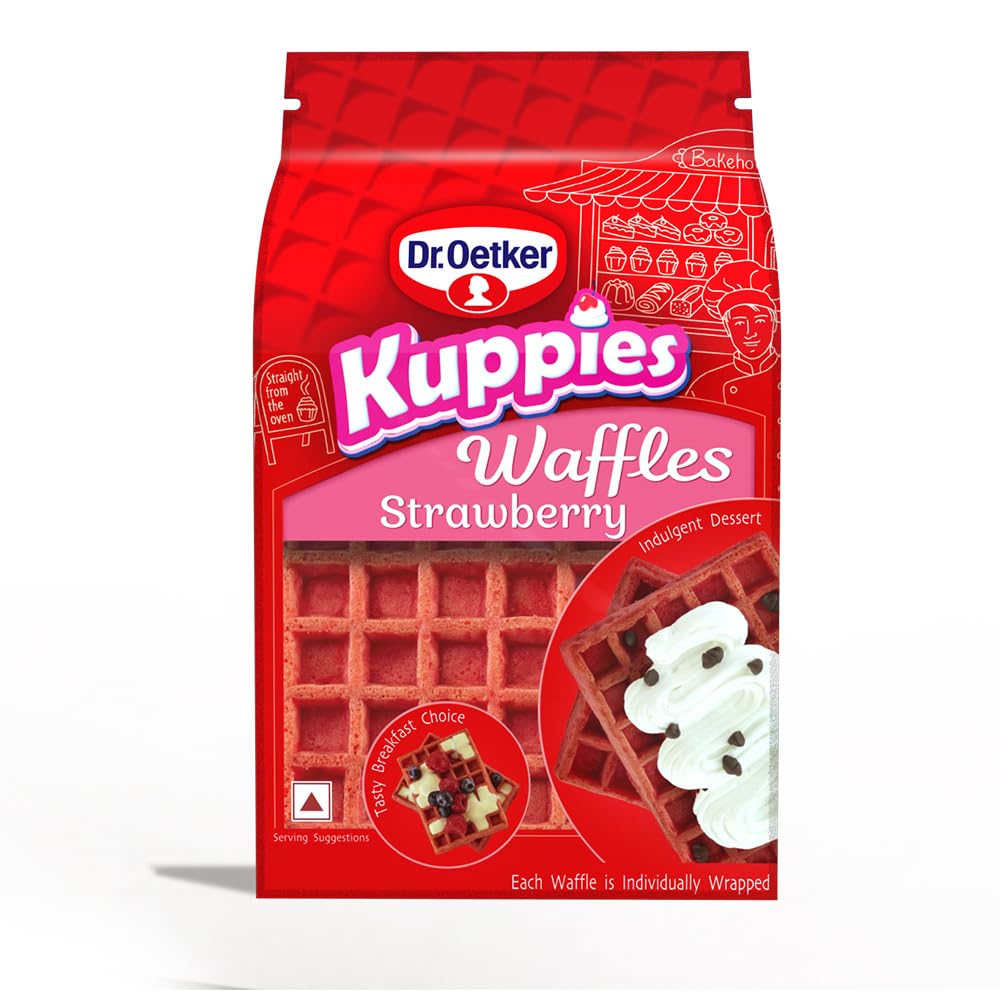 Dr. Oetker Kuppies Waffles Strawberry Pack of 2 | Each Pack contains 4 Waffles | Ready-To-Eat Soft Waffle | Dessert, Snack or Breakfast option Net Wt.:- 360g