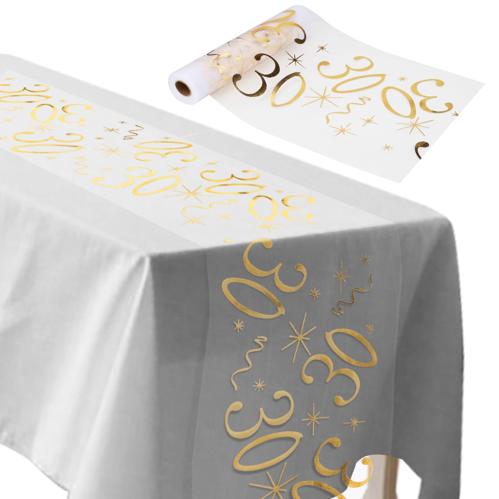 ddckj Happy Birthday Table Runner 28 cm x 10 m 30th Birthday Table Cloth Golden Table Decorations for Men and Women Anniversary Celebrations Banquets Parties