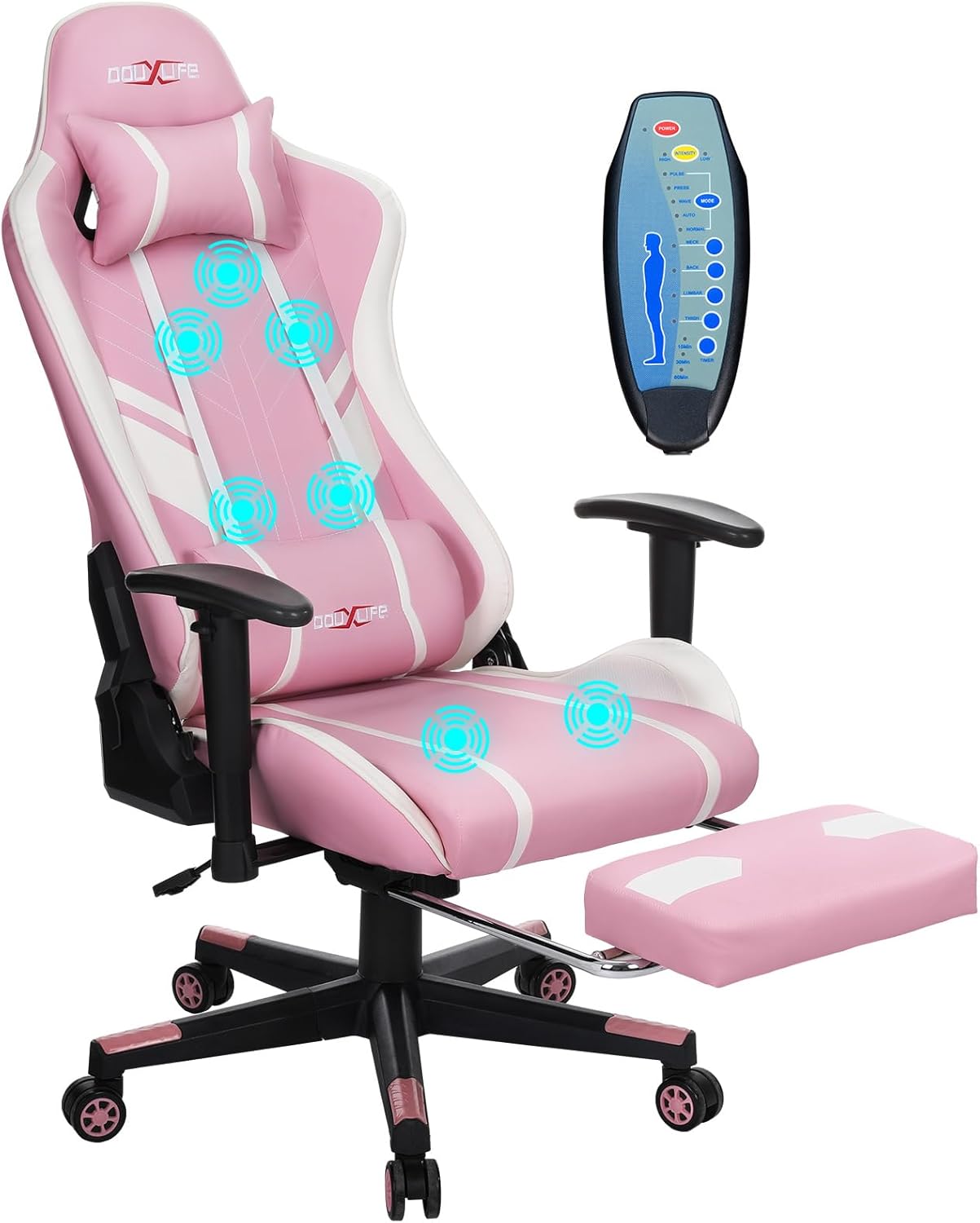Massage Gaming Chair 7-Point, Office Chair with Footrest and Lumbar Support, Adjustable Seat Height Ergonomic, Thickened and Widened Cushions Backrest, 175° Reclining Max, Pink