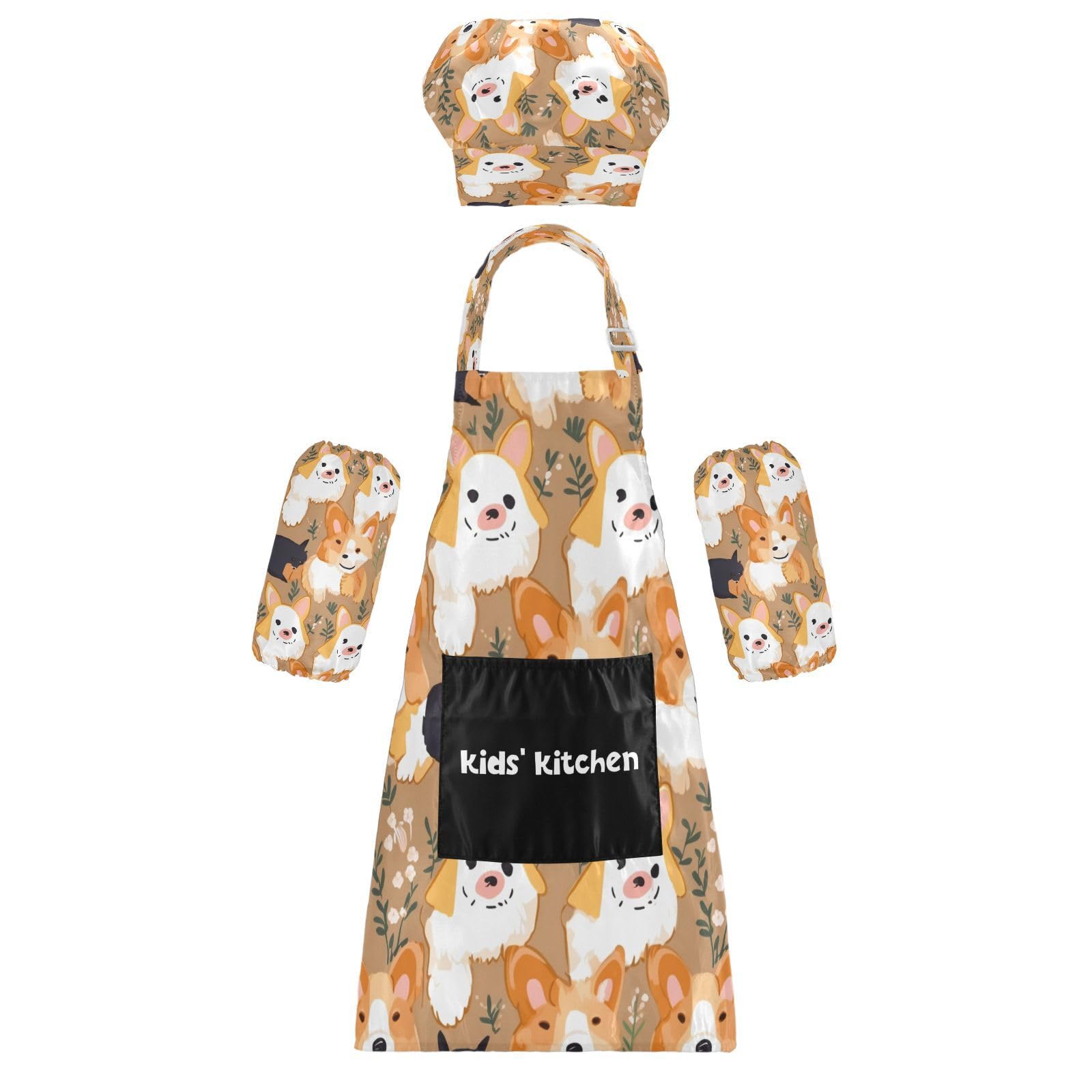 Bulletgxll Cute Dogs Kids Apron and Chef Hat Set Adjustable Bib Aprons with Pockets for Cooking Baking Painting