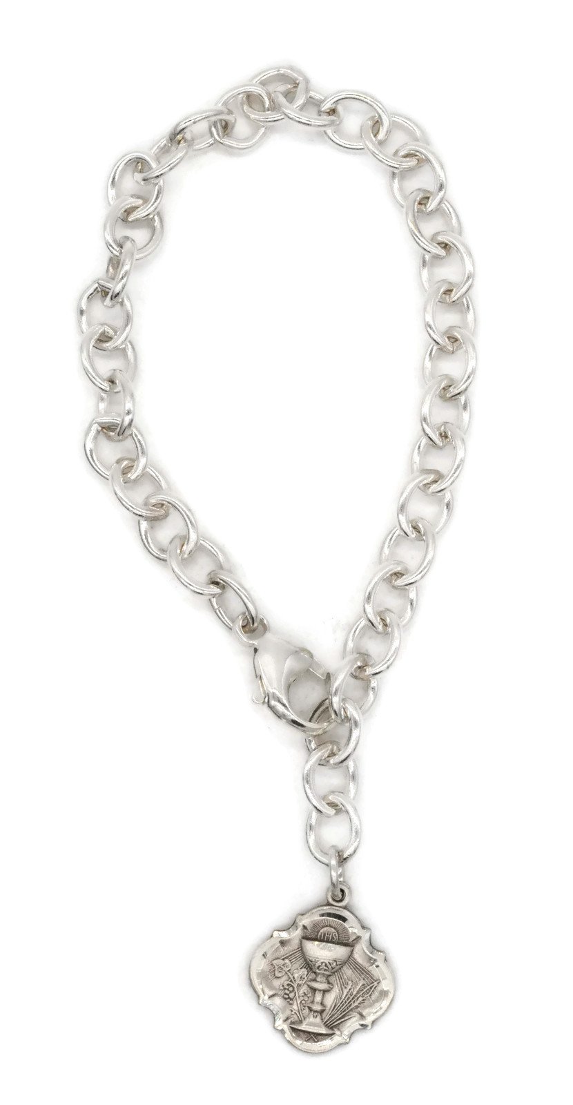 BT-FC-103 First Communion Solid Sterling Silver Extra Heavy Link Bracelet W Communion Charm Medal with Copyrighted Paul Herbert Blessing, Sterling Silver