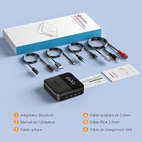 SONRU Bluetooth Audio Adapter - Fekete Vezeték Nélküli Hangátalakító Optikai, 3.5mm AUX és RCA Csatlakozással, Beépített Akkumulátorral 7