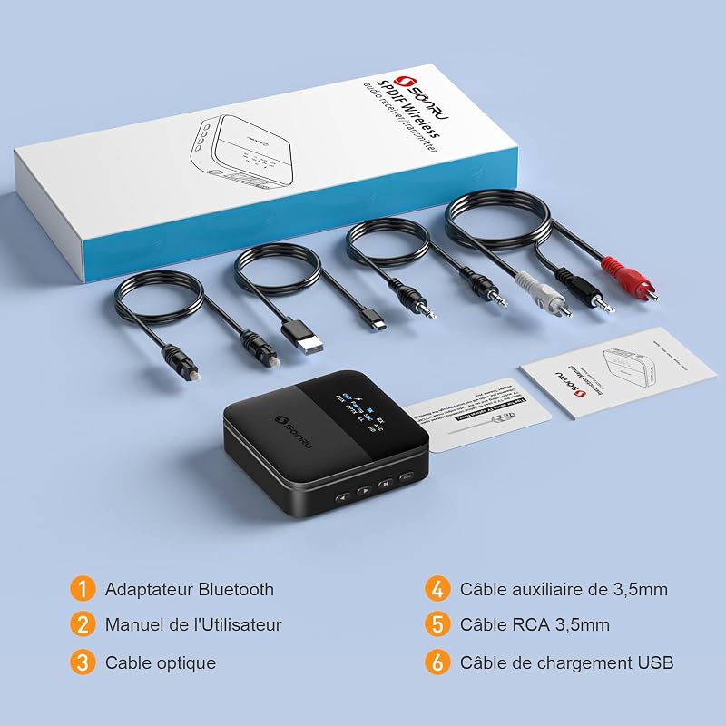 SONRU Bluetooth Audio Adapter - Fekete Vezeték Nélküli Hangátalakító Optikai, 3.5mm AUX és RCA Csatlakozással, Beépített Akkumulátorral