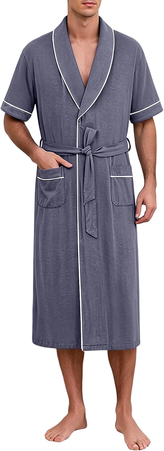Lmdudan Mens Short Sleeve Modal Robe Long Housecoat with Belt and Pockets, Breathable Sleepwear Bathrobe Lounge Wear for Home