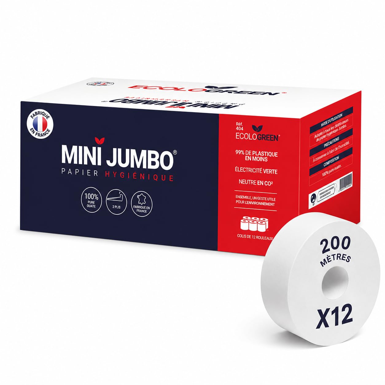Lot de 12 Rouleaux Papier Toilette Mini Jumbo – 200 m, 2 Plis, 100% Pure Ouate de Cellulose Blanche, Fabriqué en France, Doux et Résistant - Papergooddeal,