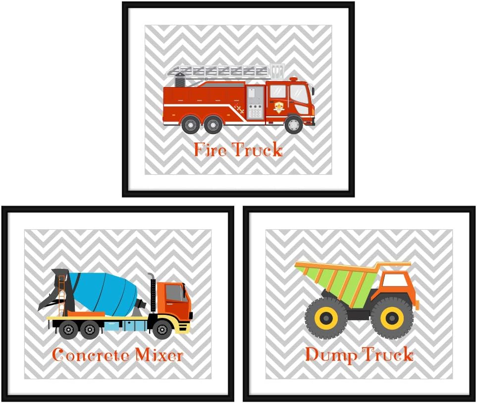 Bestbuddy Pet Set of 3 (8X10) Unframed Fire Truck Concrete Mixer Dump Truck Art Prints Set Nursery Art Prints Boy Kids Room Wall Decor BBPAP007