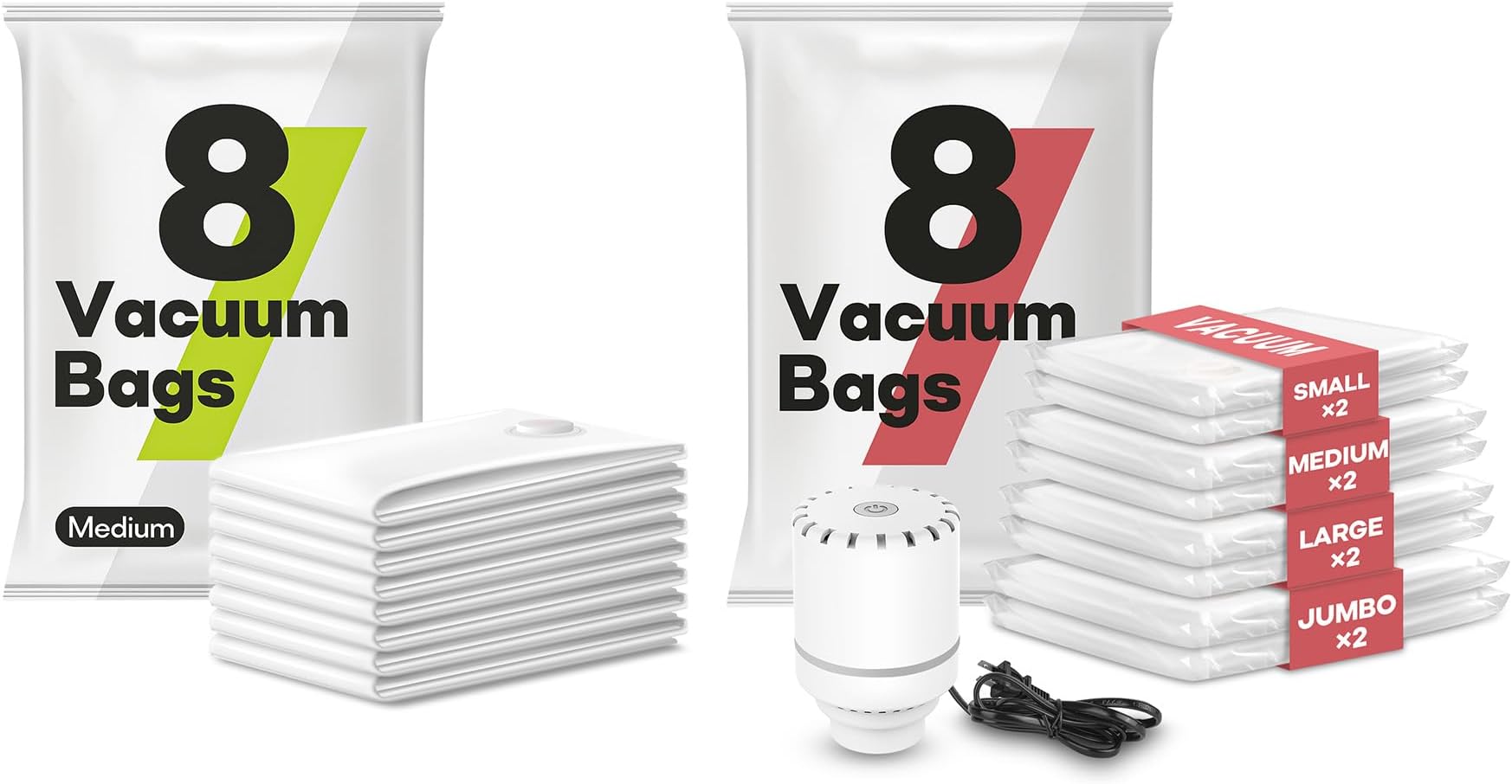 VMstrTravel Vacuum Storage Bags with Electric Pump bundle, 8 Combo Vacuum Sealed Bags and 8 Medium Vacuum Bags