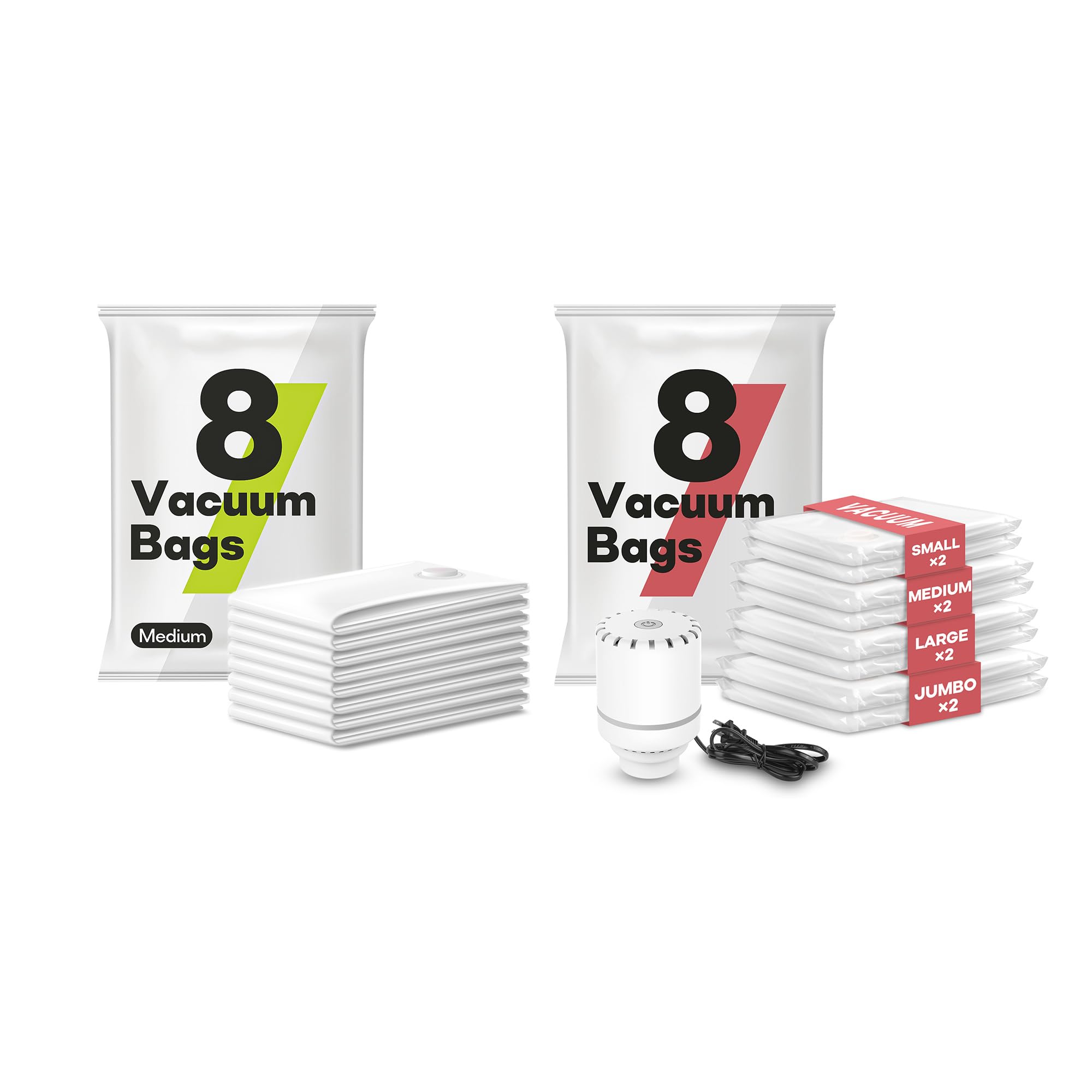 VMstrTravel Vacuum Storage Bags with Electric Pump bundle, 8 Combo Vacuum Sealed Bags and 8 Medium Vacuum Bags