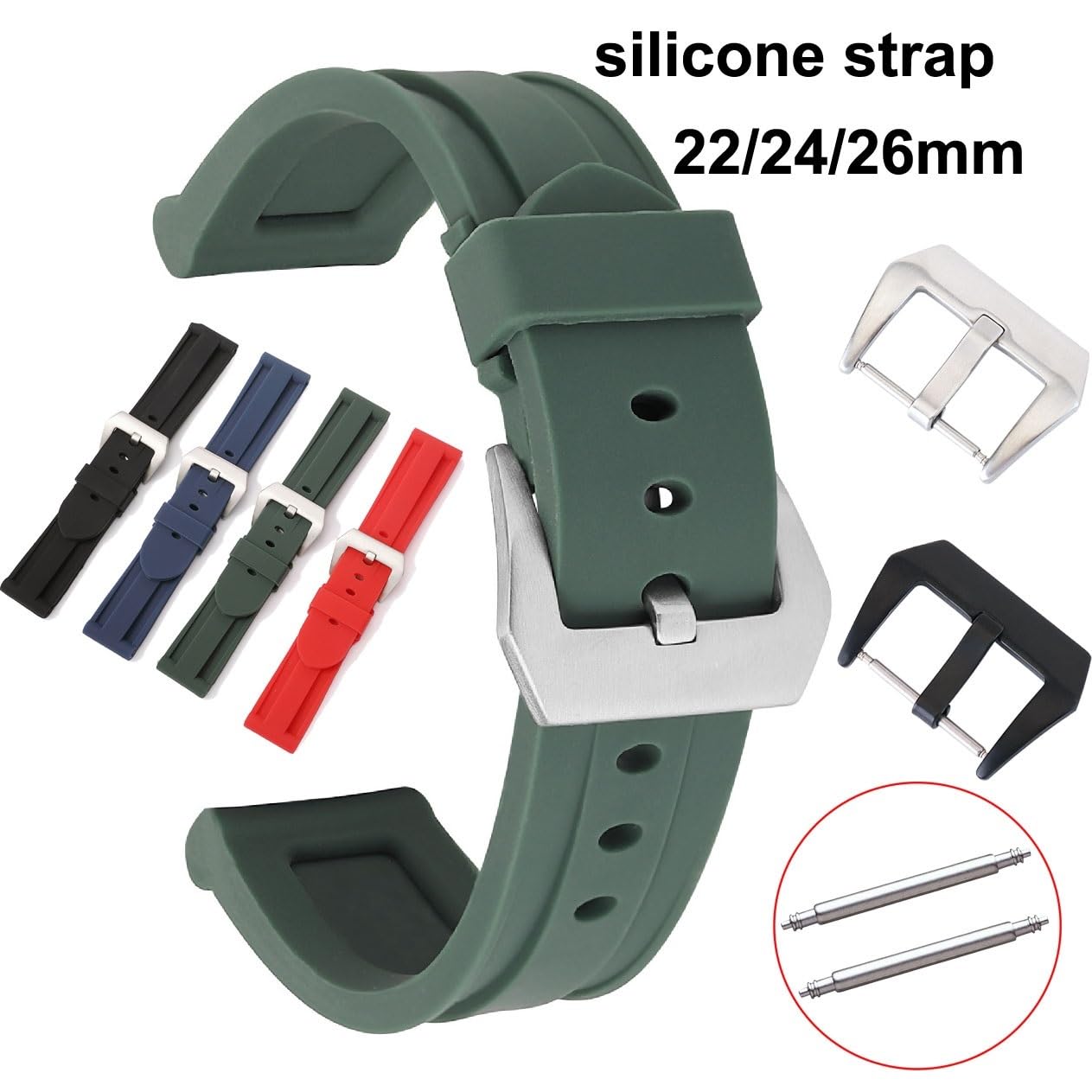 Pasek silikonowy 22mm 24mm 26mm Czarny Niebieski Czerwony Zielony Pasek do zegarka Quick Release Zamienna gumka