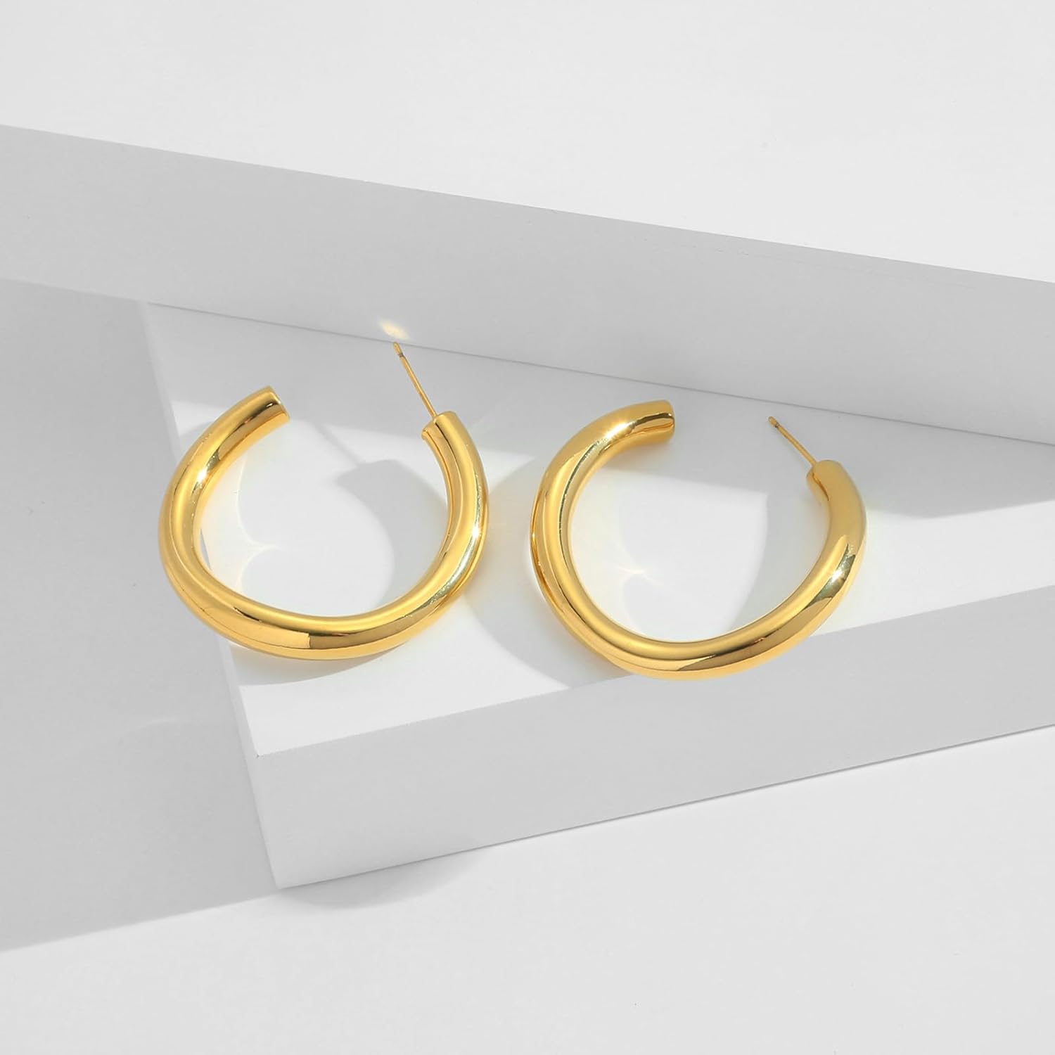 Gold Hoop Huggie Earrings for Women 14K Gold Plated Chunky Hoop Earrings Hypoallergenic Lightweight Earring - Image 5