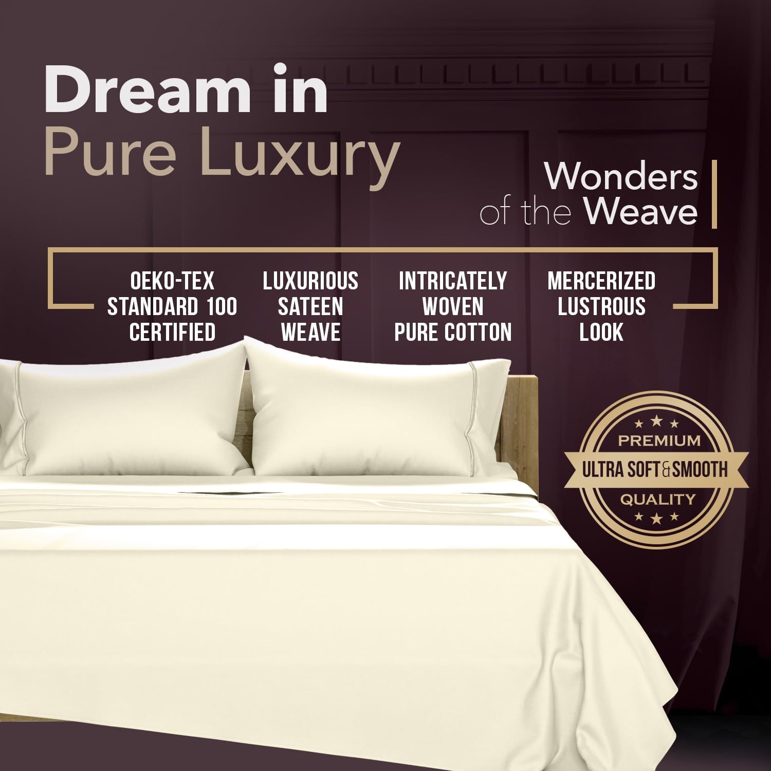 TEXAS LINEN CO. 100% Egyptian Cotton Sheets King Size - Snoozin' Supreme Collection 2000 Series Luxury King Bed Sheet Set, Cooling Sateen Weave, 17” Extra Deep Pocket Hotel Sheets (4 Pc, Ivory)