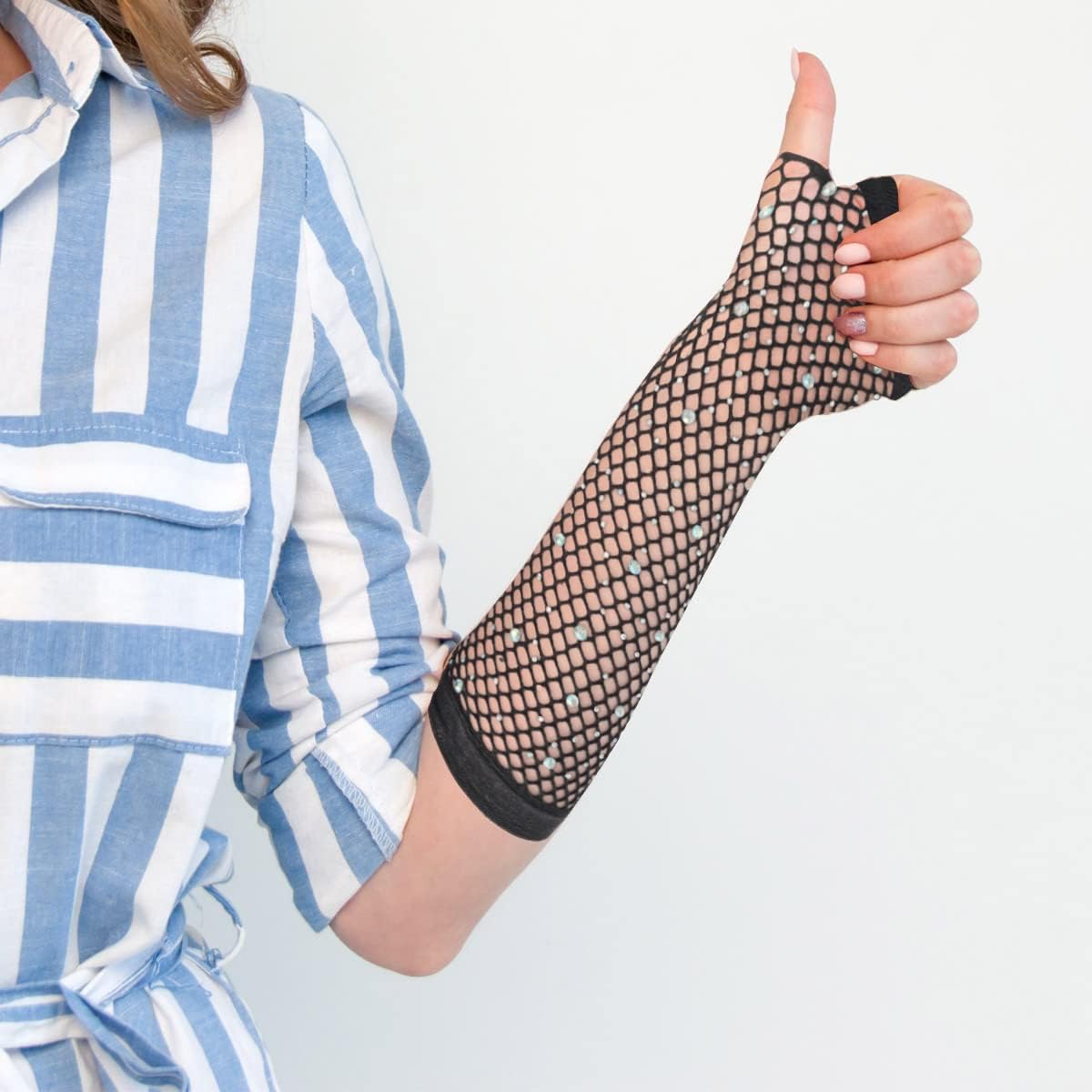 Rhinestone Fingerless Arm Fishnet Gloves Women's Long Fishnet Mesh Gloves for Women Girls Fish Net Arm Sleeve 80s Party Costume Halloween Accessories