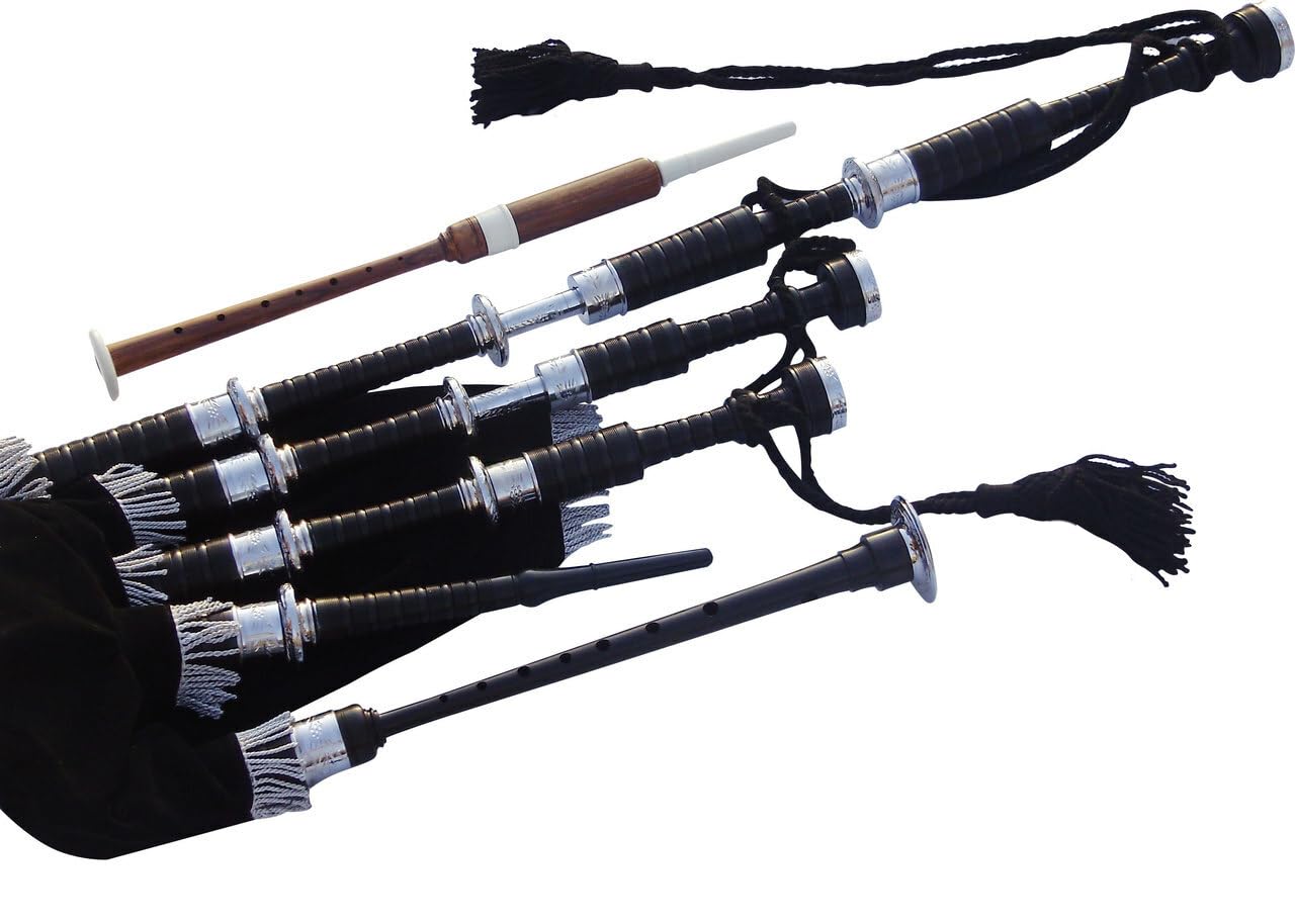 Cornamusa Great Highland in legno di cobolo sfumato nero con supporti incisi in nichel argento e cordino di copertura in velluto nero, per studenti, kit completo con guida per