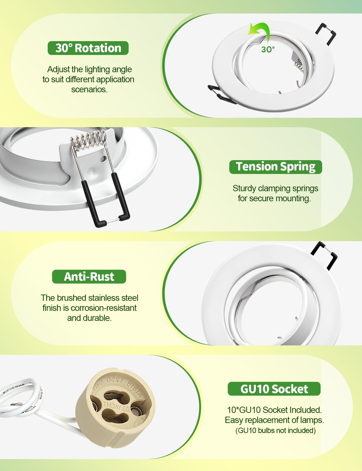 10x Cadre Encastrable GU10, Douille GU10 pour Spots LED Encastrables, Spots de Plafond Orientables à 30°, Diamètre Extérieur 90 mm, Découpe Ø65-80 mm Compatible LED et Halogène (Sans Ampoule),Blanc