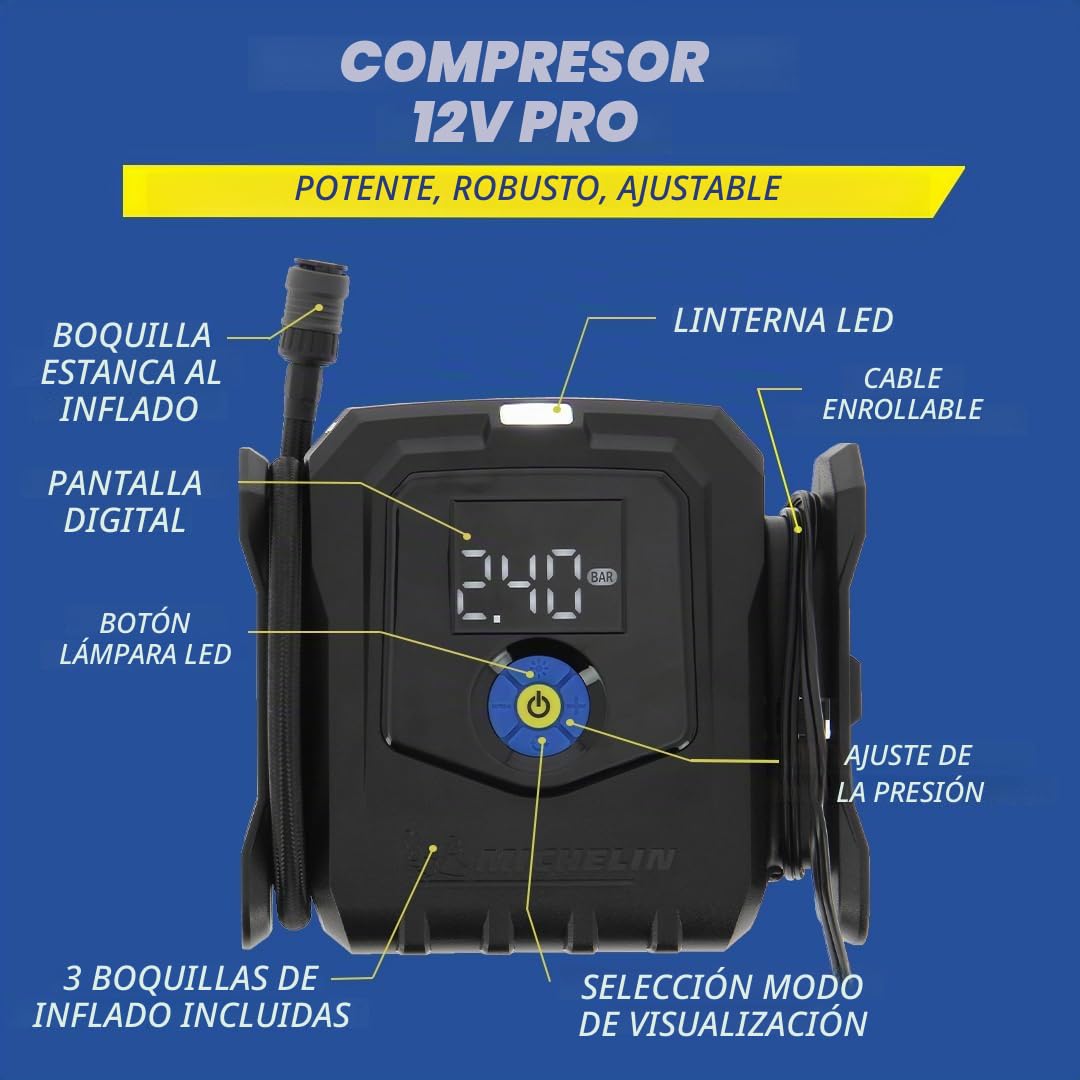 MICHELIN 009542 Compresor de Aire Eléctrico Profesional – Inflador de Neumáticos para Coche – Presión Programable 8 Bar 168W – 12V Encendedor – Infla un Neumático en 1min10 – 3 Boquillas
