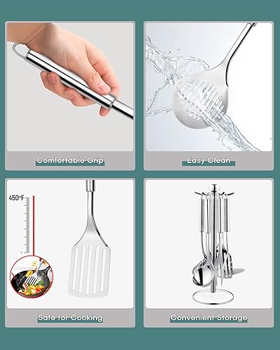 Miniatura 5 de EUIRIO Juego de 7 utensilios de cocina de acero inoxidable con soporte, utensilios de cocina, utensilios de cocina, resistentes al calor,