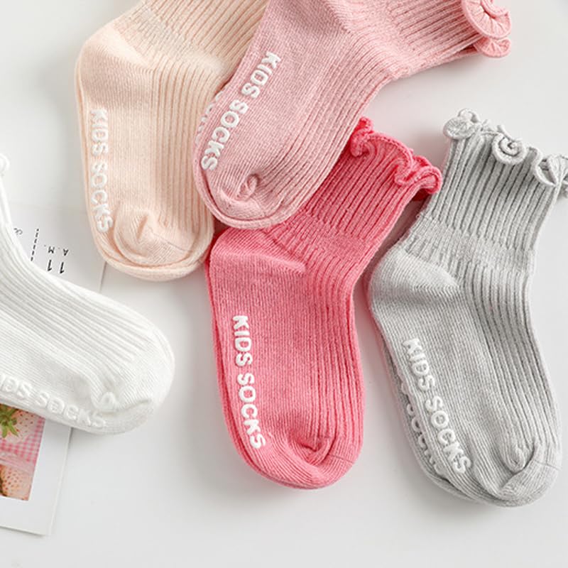 Baby Girls Ruffle Socks 5-Pack,Machine Washable Non-Slip Soft Cotton,Anti-Pilling Lettuce Edge,Sizes 1-6 Years2