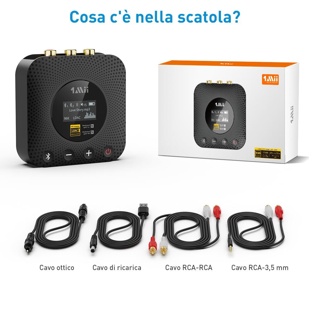 1Mii B06HD+ Ricevitore Bluetooth HiFi, Adattatore Audio Bluetooth 5.3 con DAC Audiophile, LDAC, aptX HD/Bassa Latenza, Controllo Volume, Display OLED per Stereo/Amplificatore, Uscita RCA/OPT/COAX