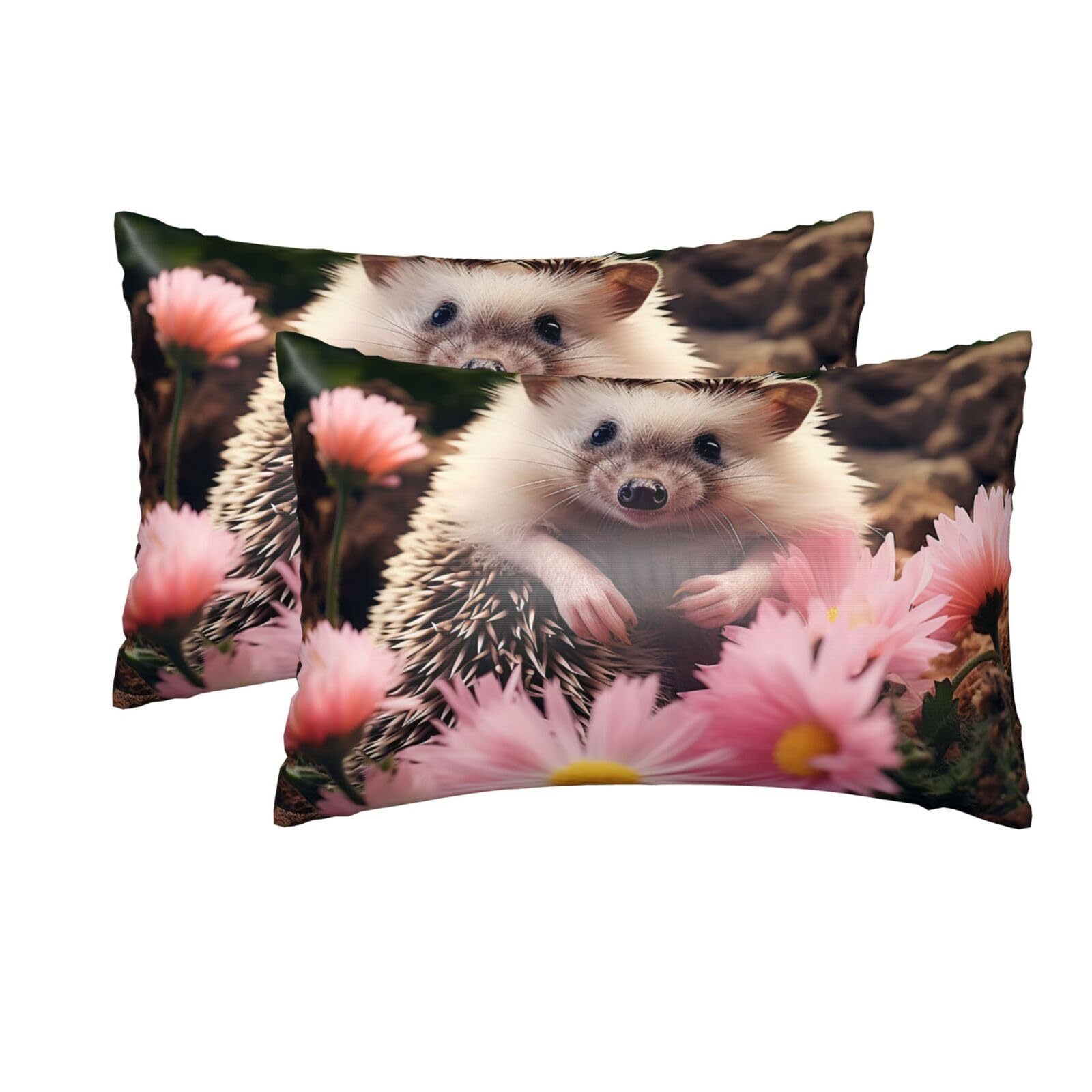 2 Pack Queen Silk Pillow Cases with Hidden Zipper, Luxury Soft Satin Pillow Covers for Hair and Skin, Cute Hedgehog in Flowers Pillowcases 20"x30" Bed Pillow Protectors Cover for Sleeping Gifts