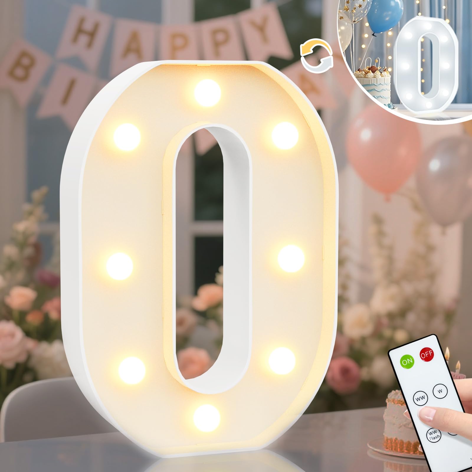 LED Zahlen Lampe Nummer Beleuchtete Ziffern 0. Geburtstag Dekorationen für Mädchen, Leuchtzahlen für Happy Birthday Party Deko, Hochzeitsdeko, Fernbedienung Wand Tisch Dekor – Warmes & Kaltes Weiß 0