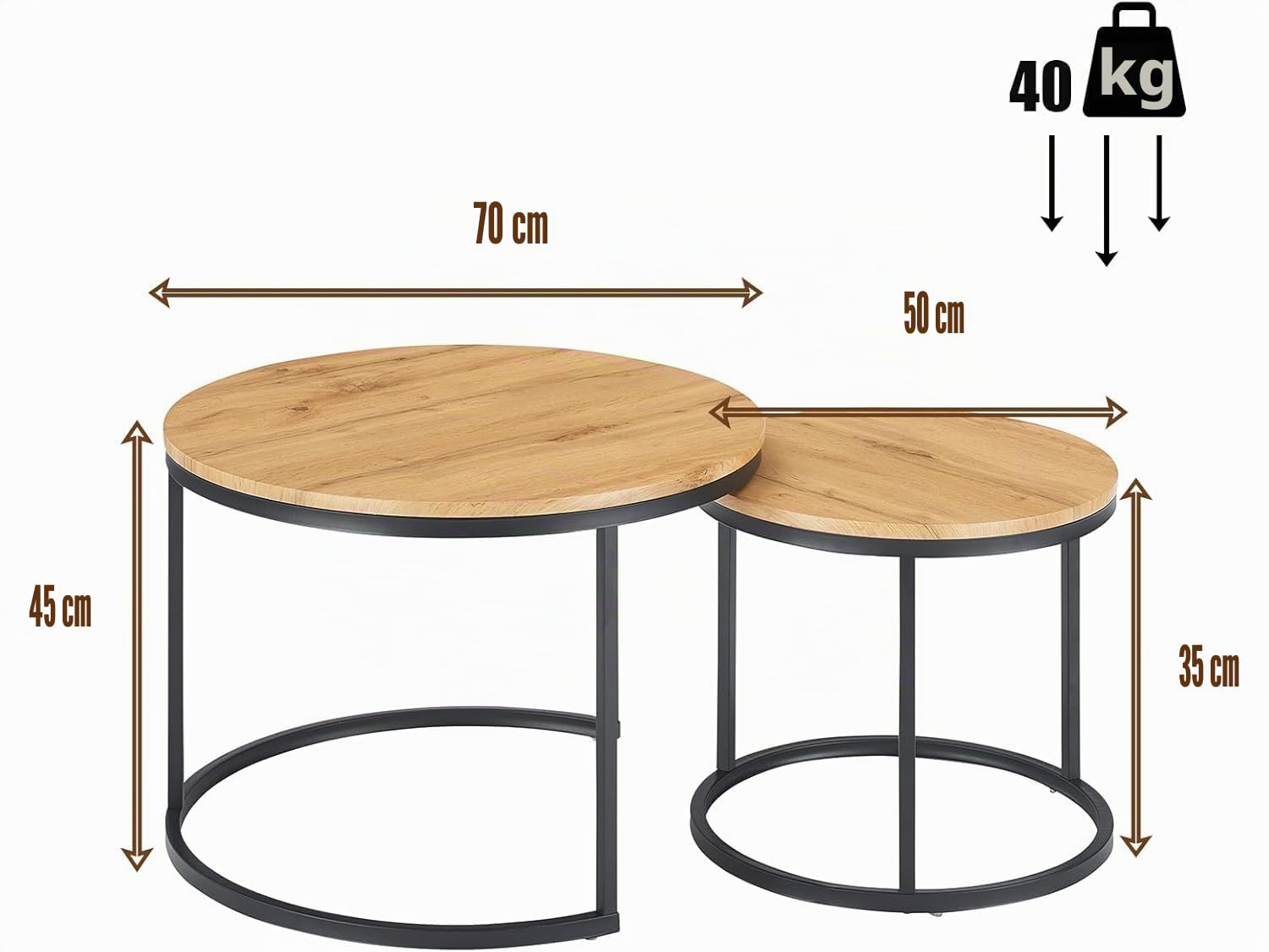 Mesa de Centro Redonda Juego de 2 Mesas Nido 70/50 cm con Tablero Madera y Estructura Metálica Negra, Mesa Auxiliar Moderna para Salón