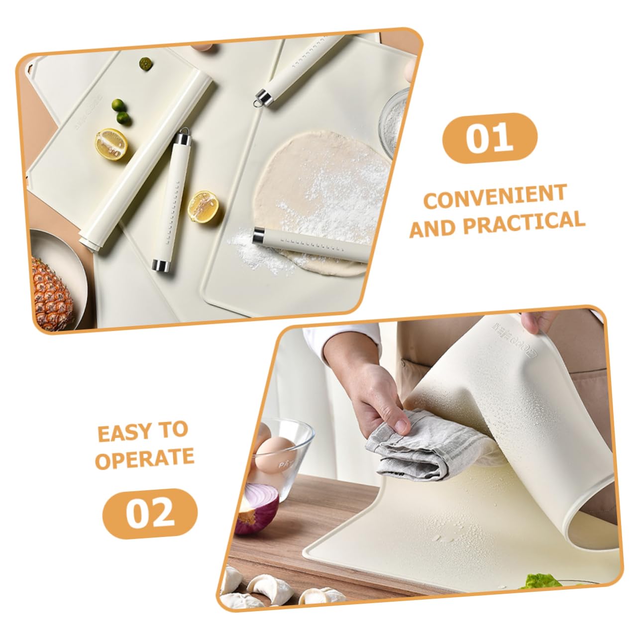 Beige Silikon Küchenbackmatte mit Teigroller 1 Satz aus Edelstahl