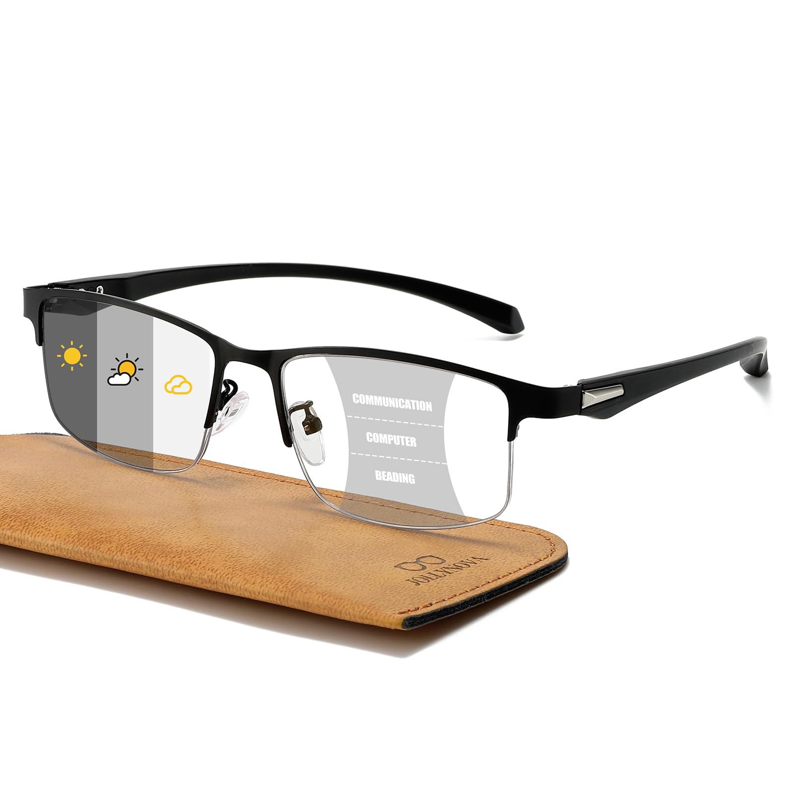 JOLLYNOVA Photochromic Progressive Reading Glasses Men,Half Rim TR90 Temples Blue Light Blocking Multifocus Computer Readers (Progressive/Variable
