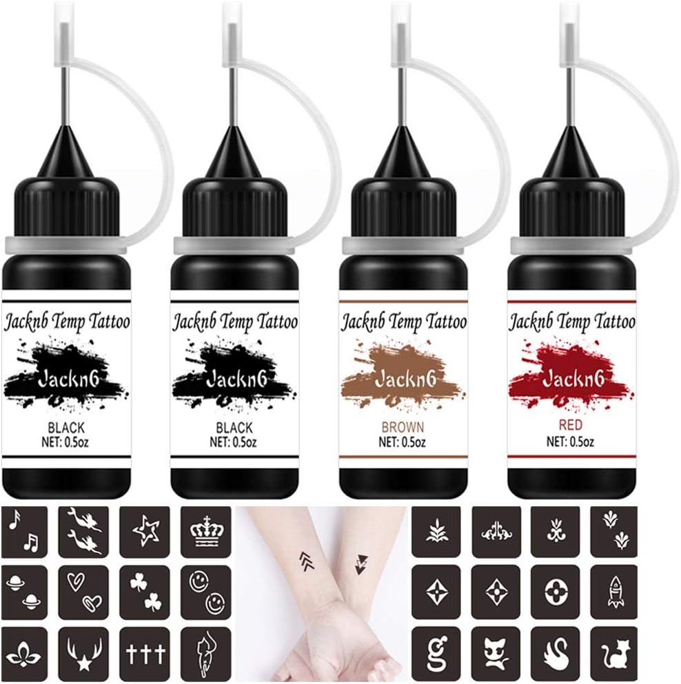 Temporary Tattoo Kit Freehand Ink Semi Permanent Tattoo Jagua Gel 40 Pcs Free Tattoo Stencils DIY Tattoos Fake Freckles Temp Tattoos for Women Kids Men - Full Kit 4 Bottles
