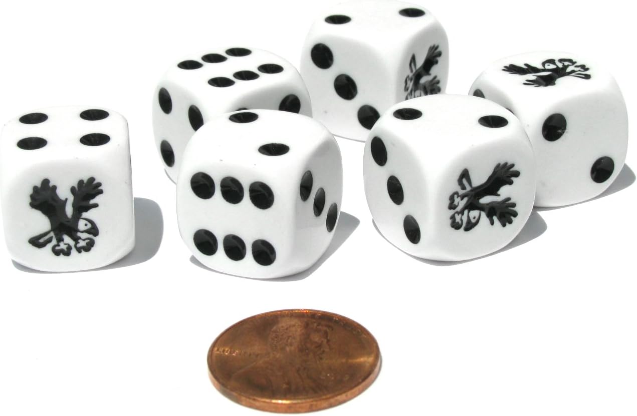Set of 6 Eagle Dice 16mm D6 Rounded Edges Koplow Animal- White with Black Pips