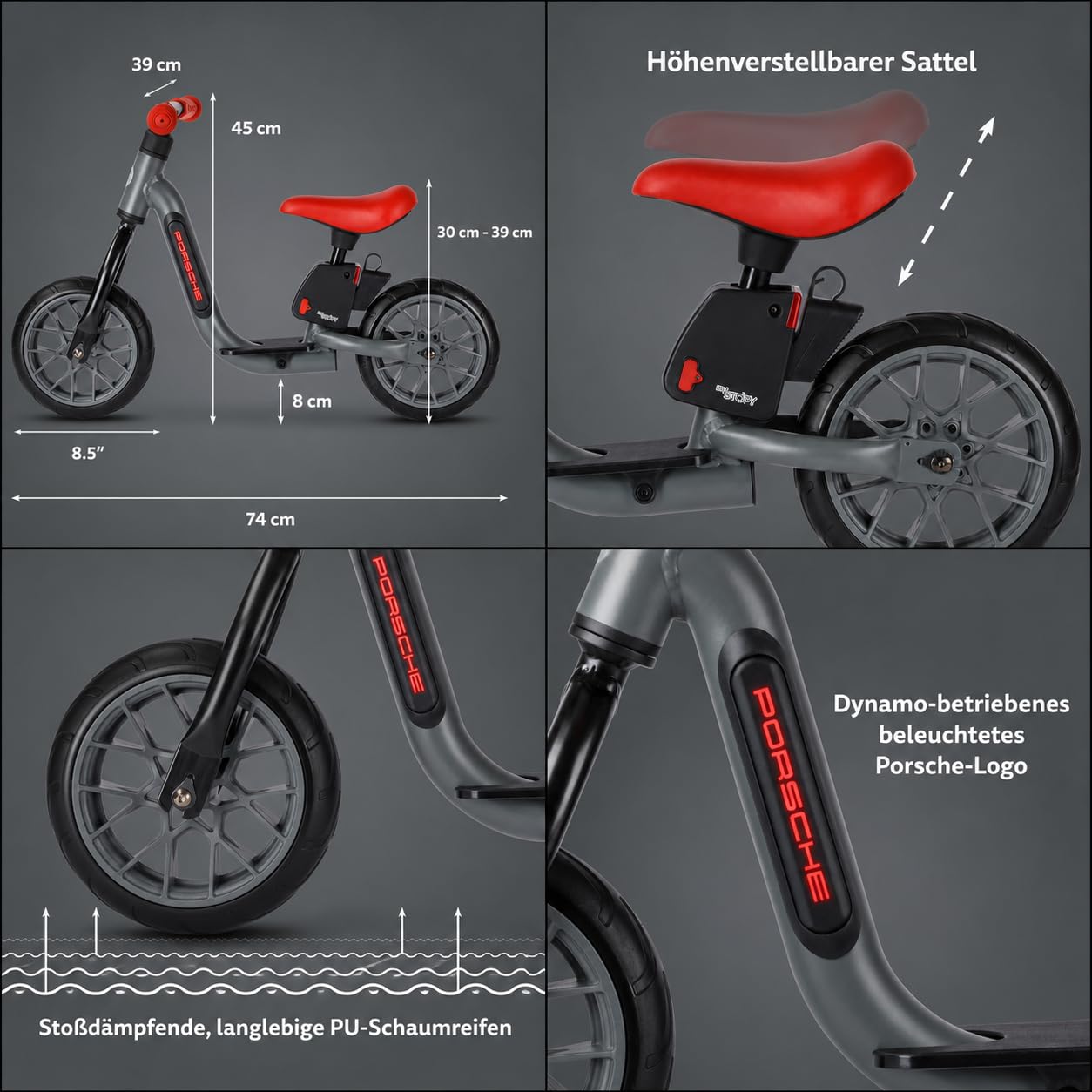 MICRO™ Smart Balance Bike | Porsche Edition | inkl. MySTOPY Bremsunterstützung mit Fernbedieunung | Laufrad für Kinder ab 18 Monaten | Porsche Schriftzug LED | Jungs & Mädchen