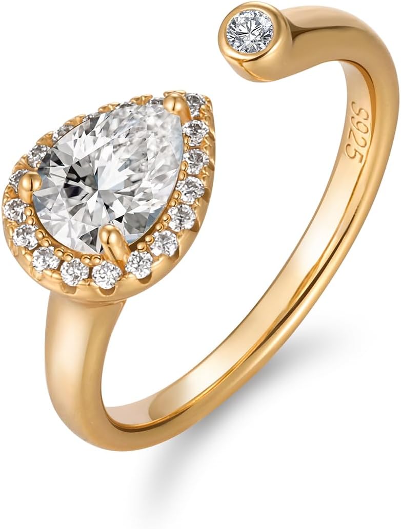 FWM Moissanite and Emerald Halo Rings for Women, Adjustable Engagement Open Ring, Solid Sterling Silver With Gold Plated, Wedding Promise Ring, Anniversary Christmas Valentines Mothers Day for Her