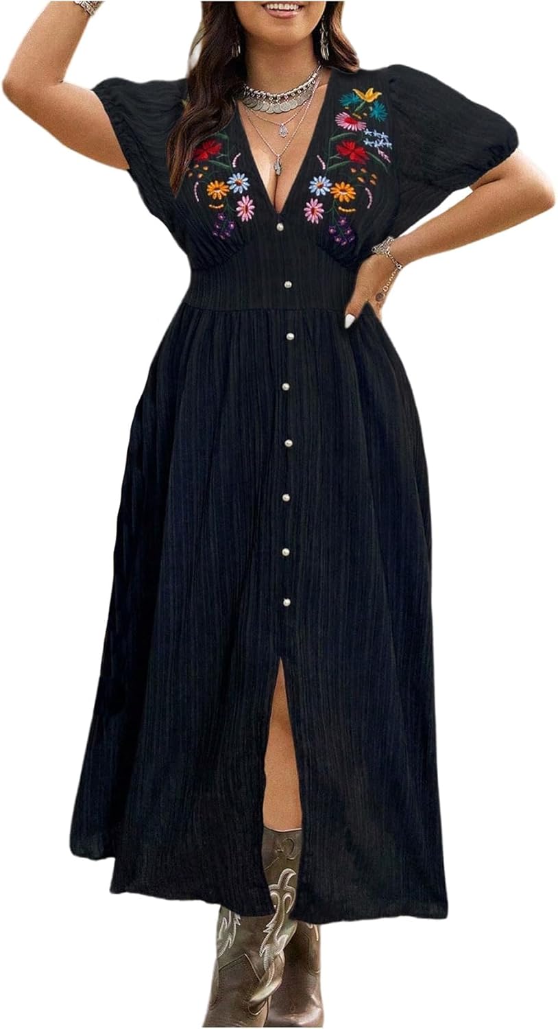 Women's Plus Size Boho Floral Embroidered Dress Western Cowgirl Outfits Country Summer Voaction Flowy Dress