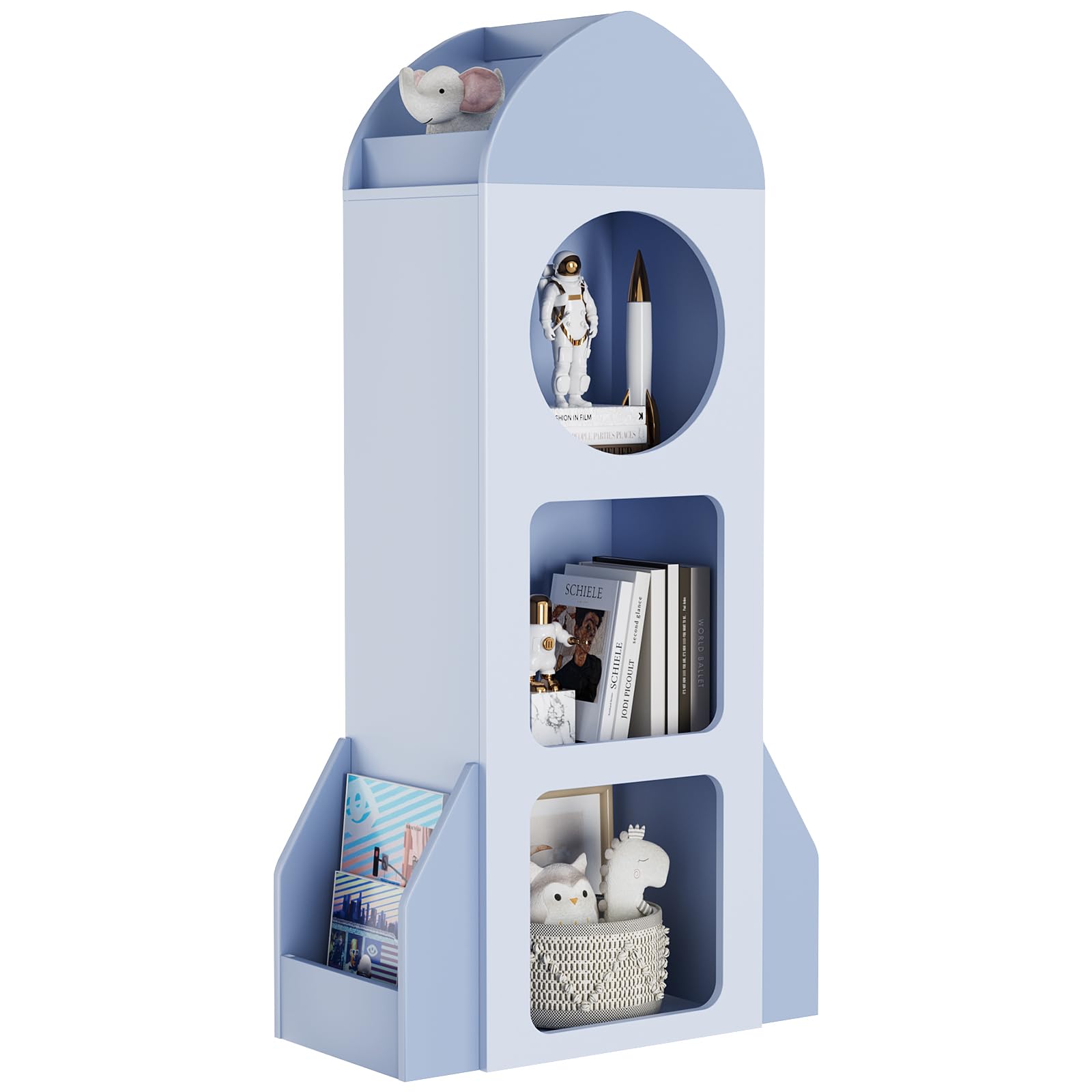 Clevich Bibliothèque pour Enfant, 120 × 60 × 31 cm, étagère pour Chambre d'enfant, étagère à Jouets, avec 3 Niveaux, 2 latérales, Motif fusée pour garçons et Filles