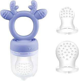 Baby Fruit Food Feeder PacifierTeether Toys Set - Tinabless Silicone Fresh Food Feeder Teether with 3 mesh Silicone Bags and Teething Toys All in One Infant Teether Toys (Giraffe-Purple)
